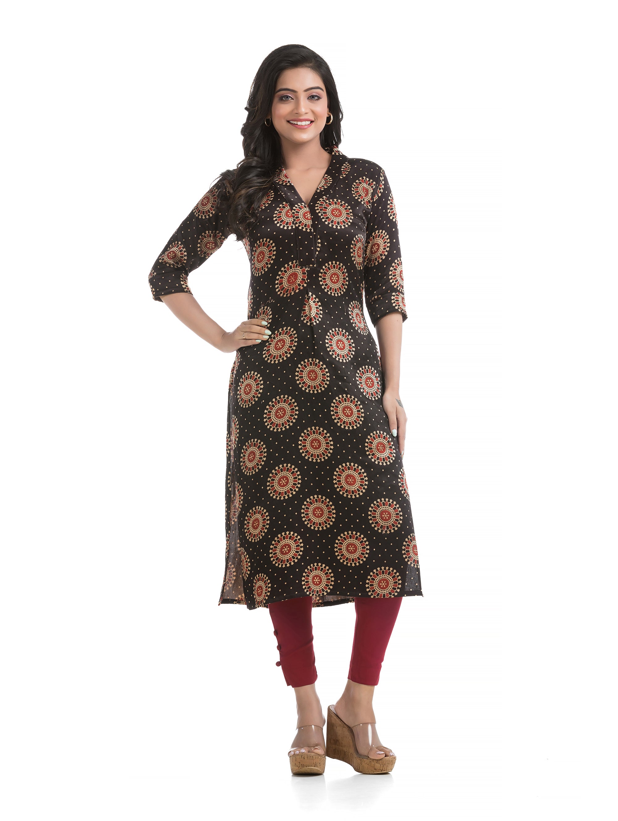 Hand Block Ajrakh Printed Silk Kurti with Front Pleat in Black