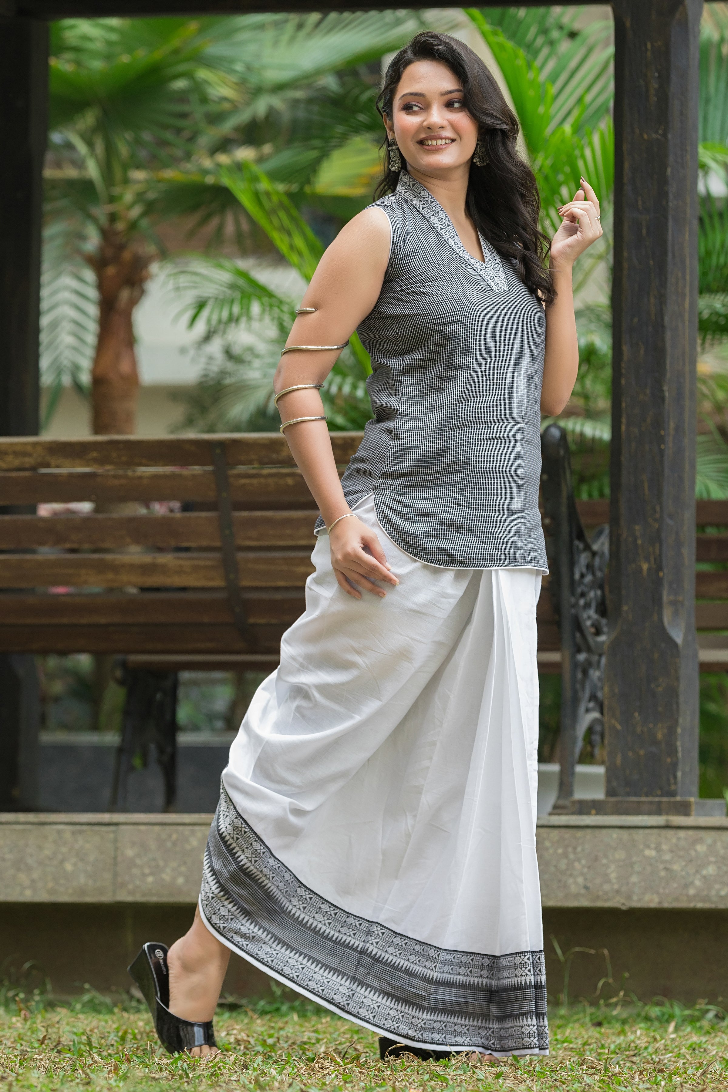 Cool White Dhonekhali Wrapped Dhoti Co-ord Set