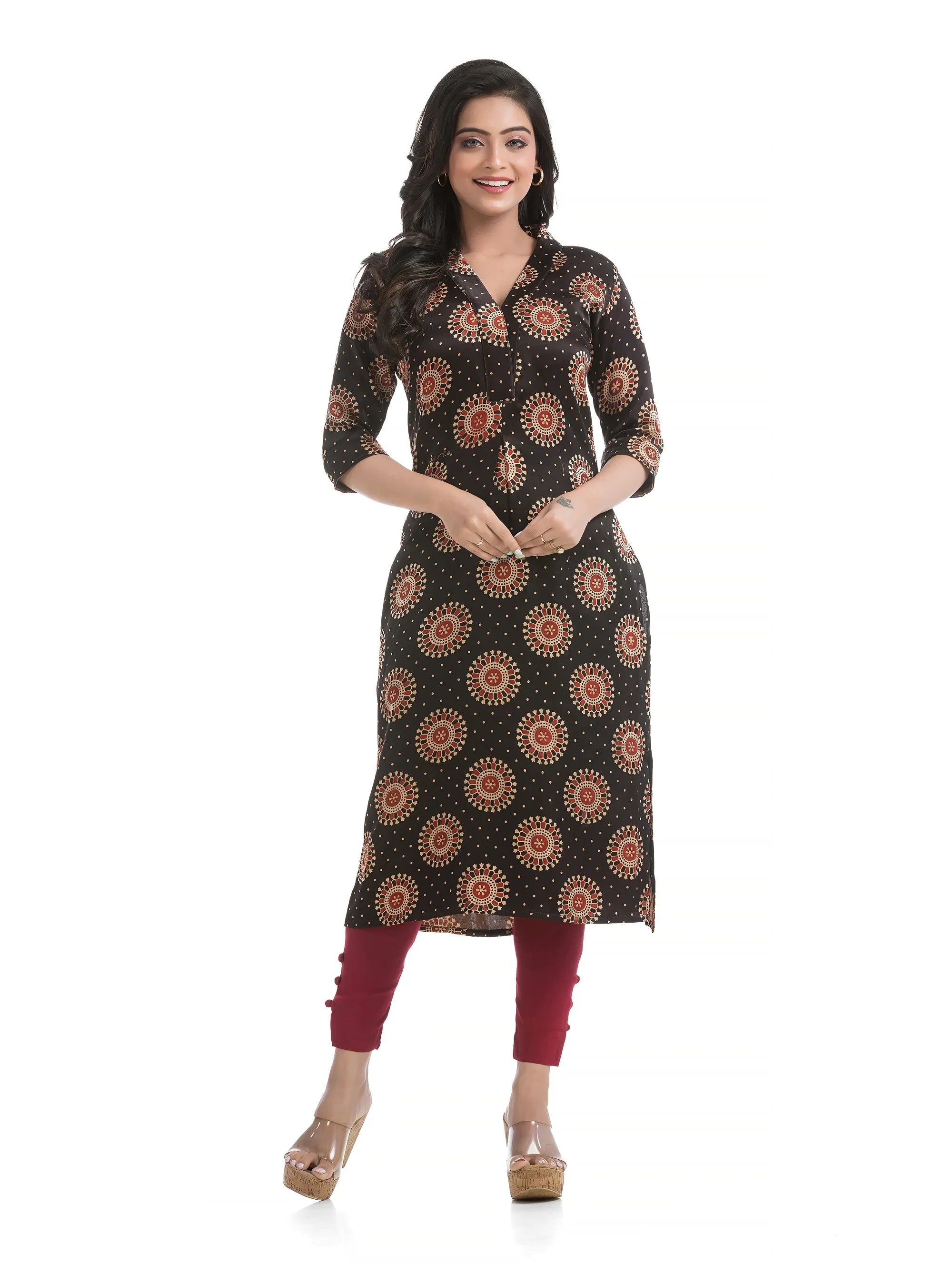Hand Block Ajrakh Printed Silk Kurti with Front Pleat in Black