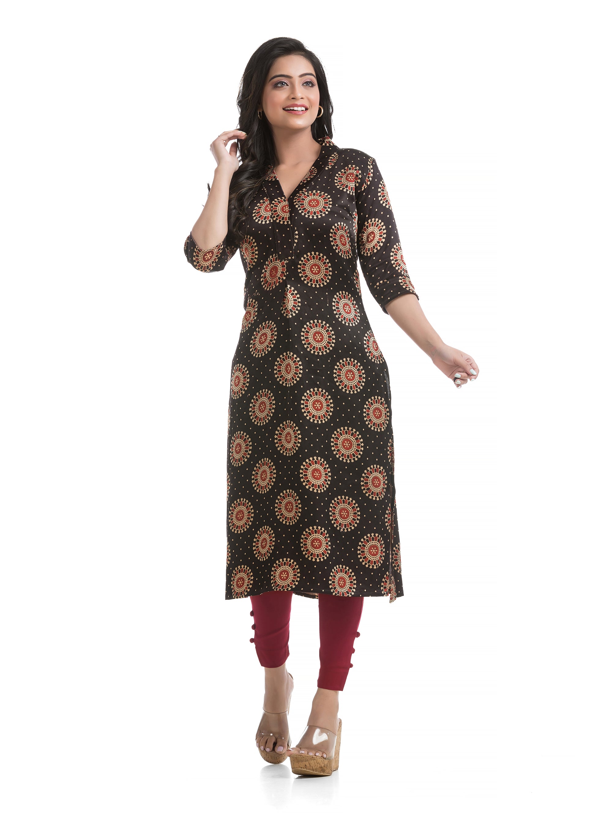 Hand Block Ajrakh Printed Silk Kurti with Front Pleat in Black