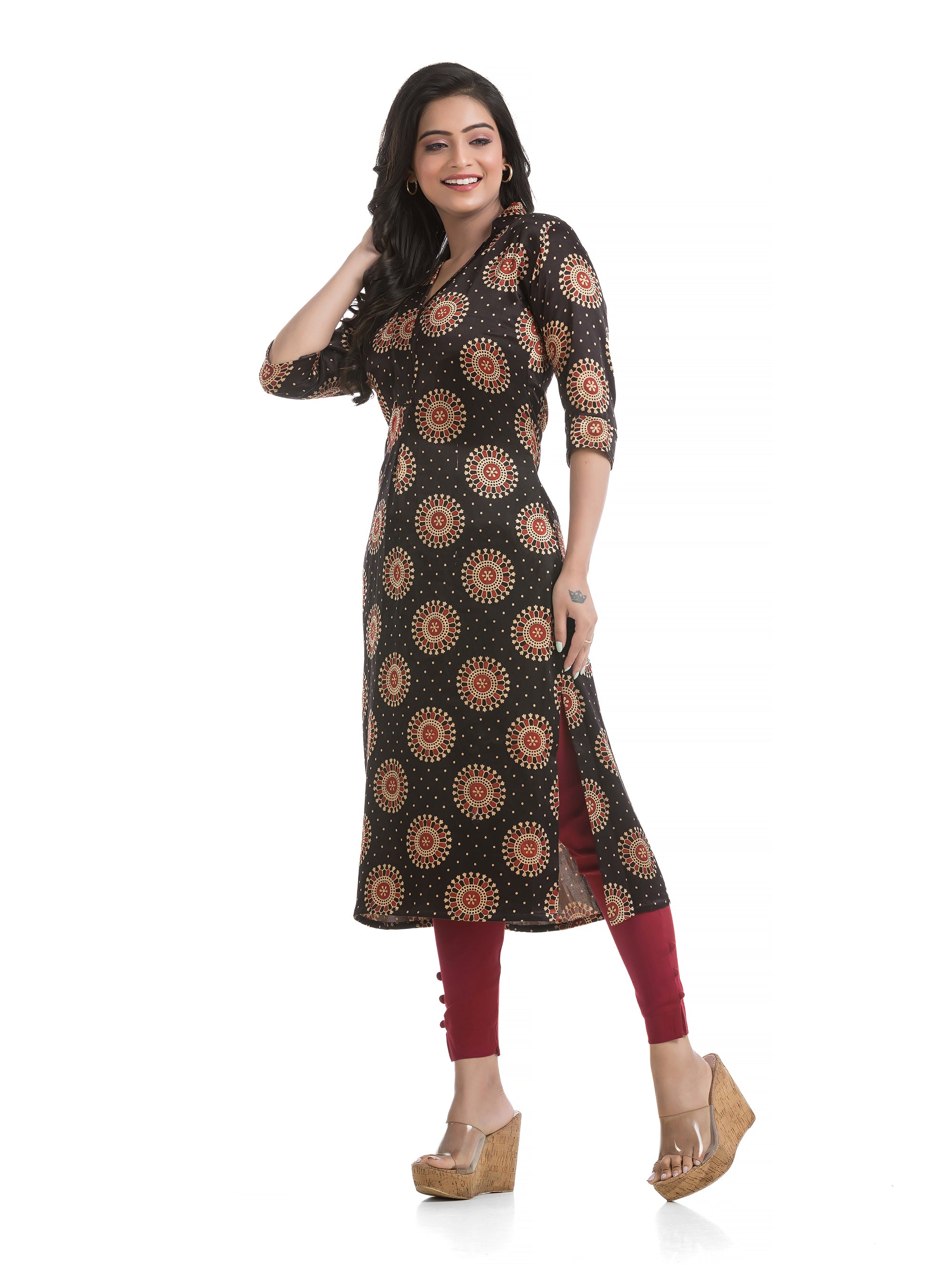 Hand Block Ajrakh Printed Silk Kurti with Front Pleat in Black