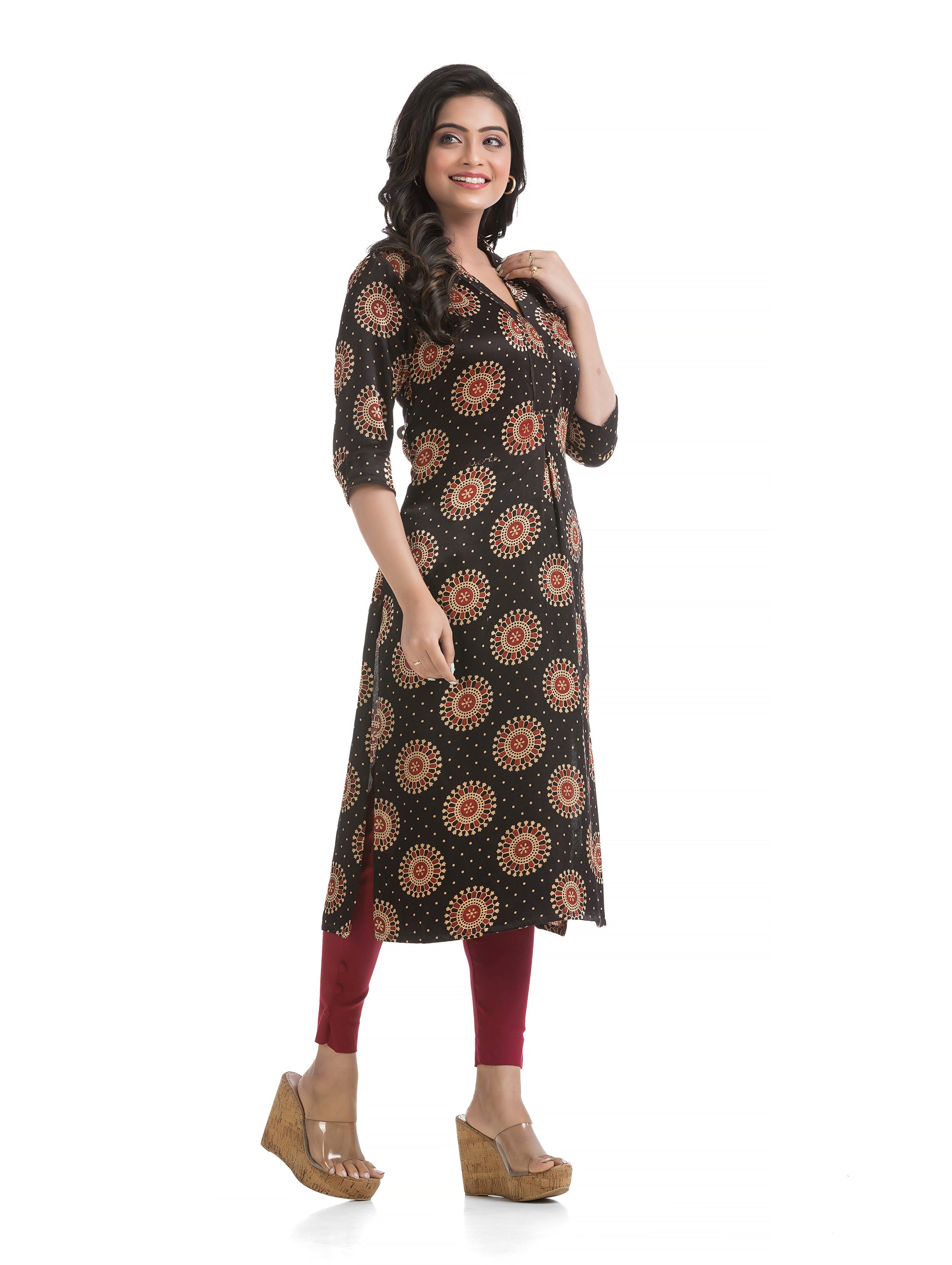 Hand Block Ajrakh Printed Silk Kurti with Front Pleat in Black