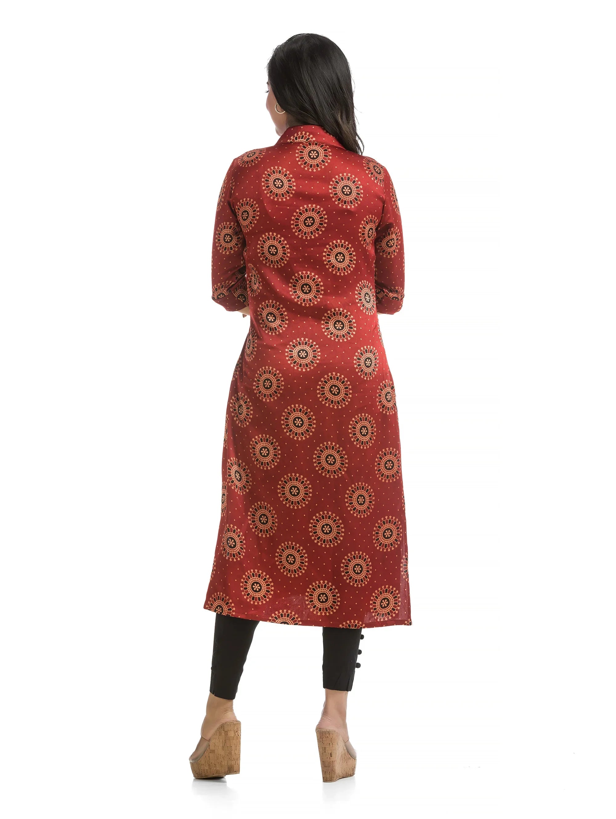 Maroon Mashru Silk High Neck Straight Kurti