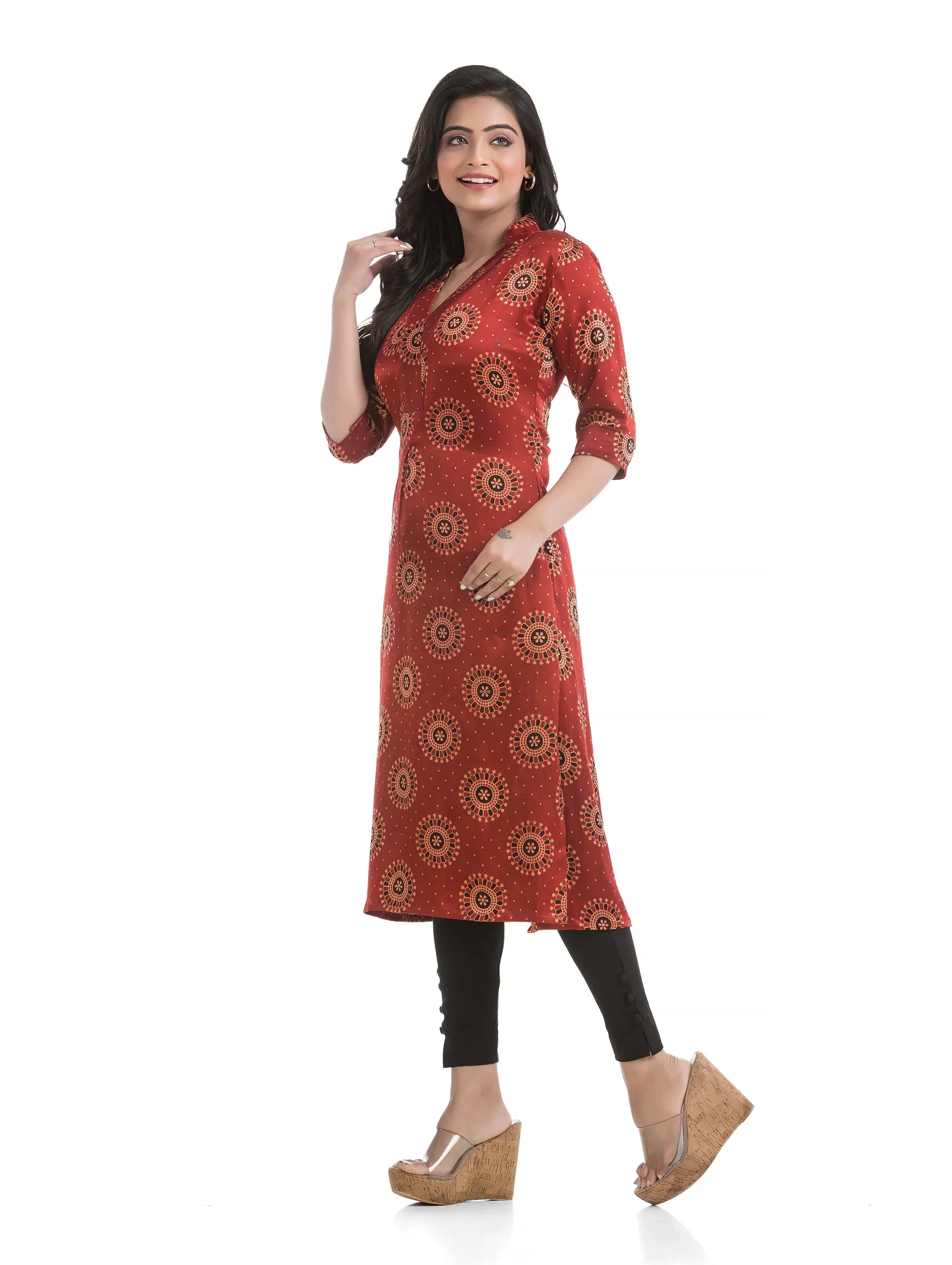 Maroon Mashru Silk High Neck Straight Kurti