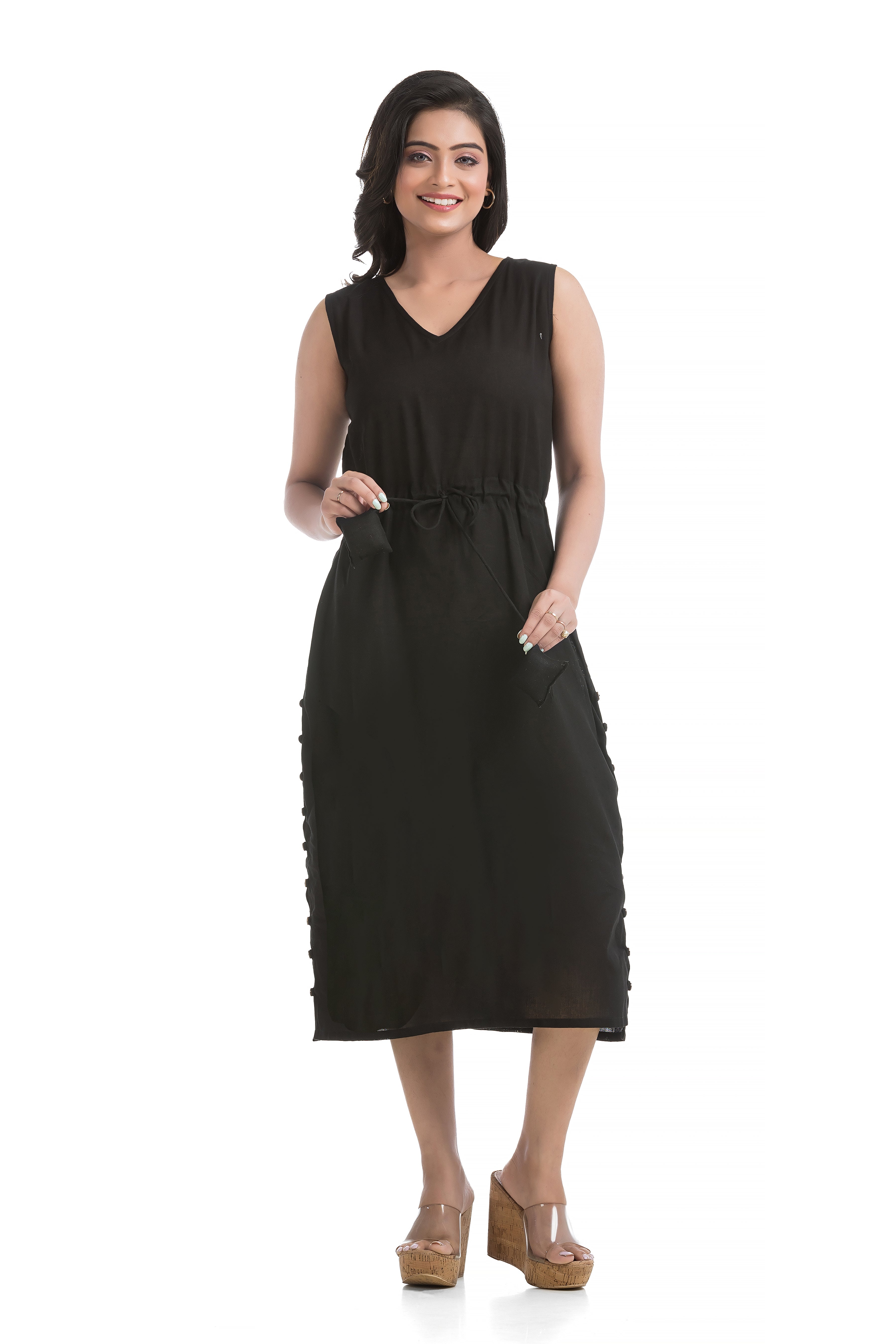 Drawstirng Black Dress with Ajrakh Floral Printed Jacket