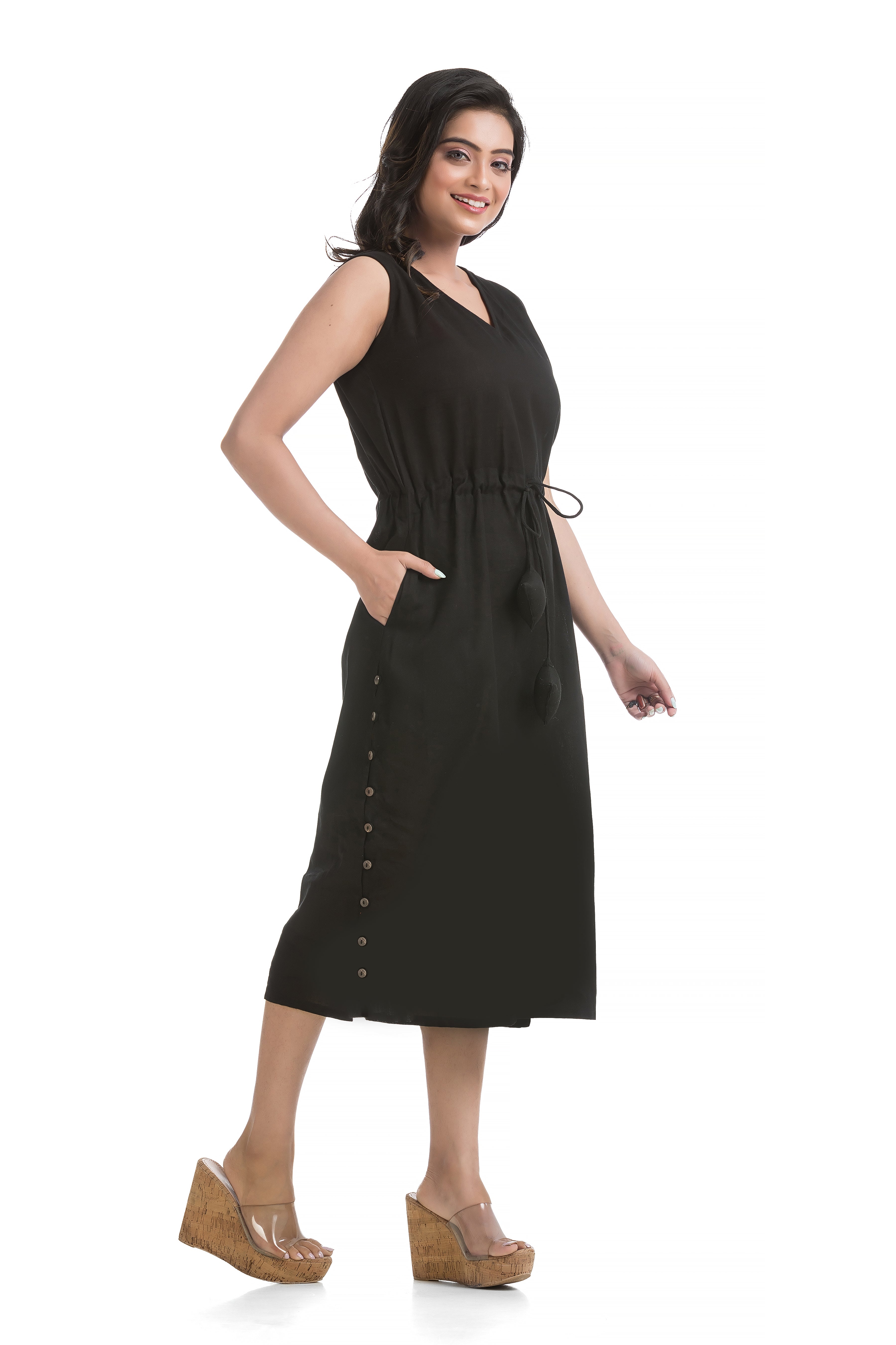 Drawstirng Black Dress with Ajrakh Floral Printed Jacket