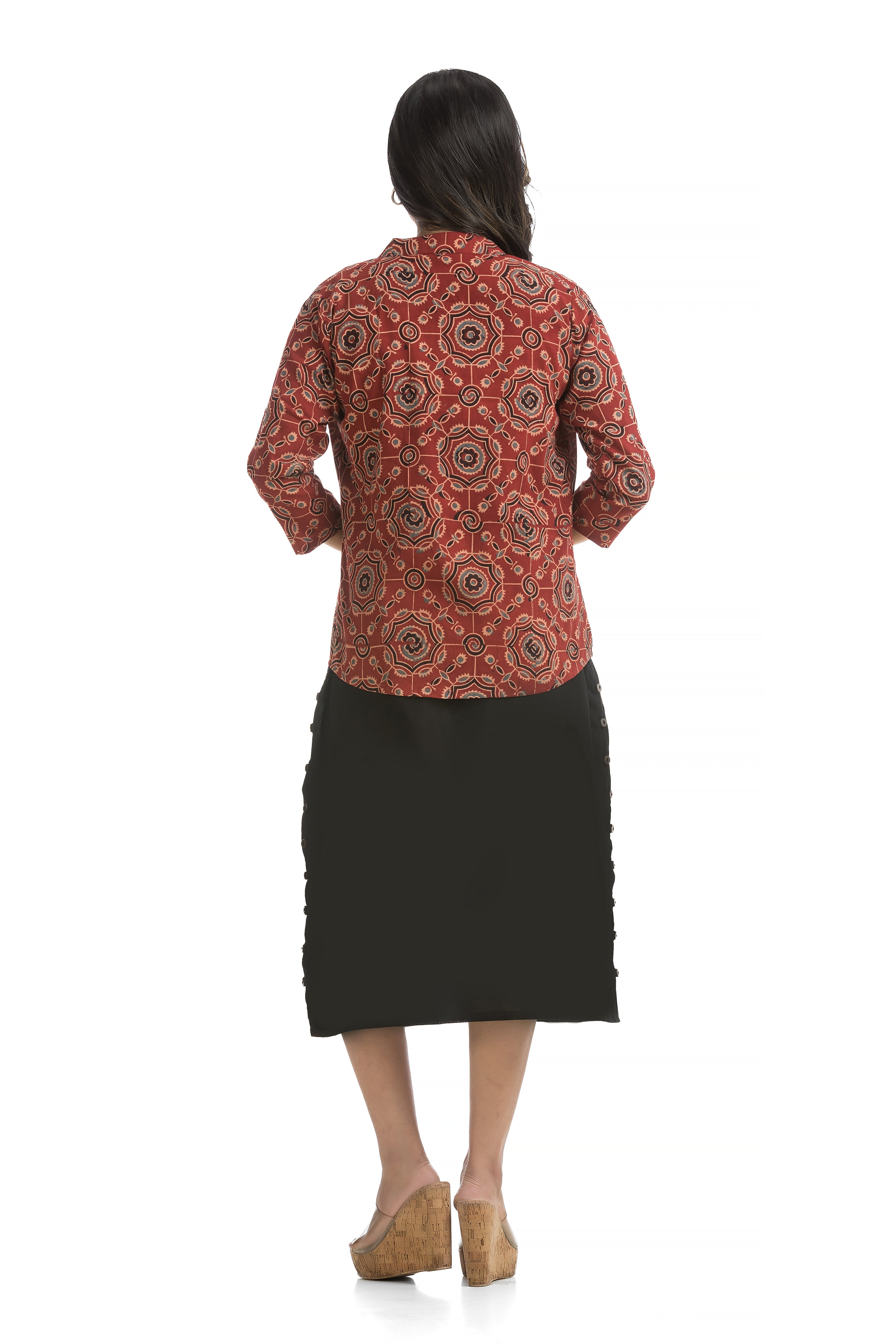 Drawstirng Black Dress with Ajrakh Floral Printed Jacket