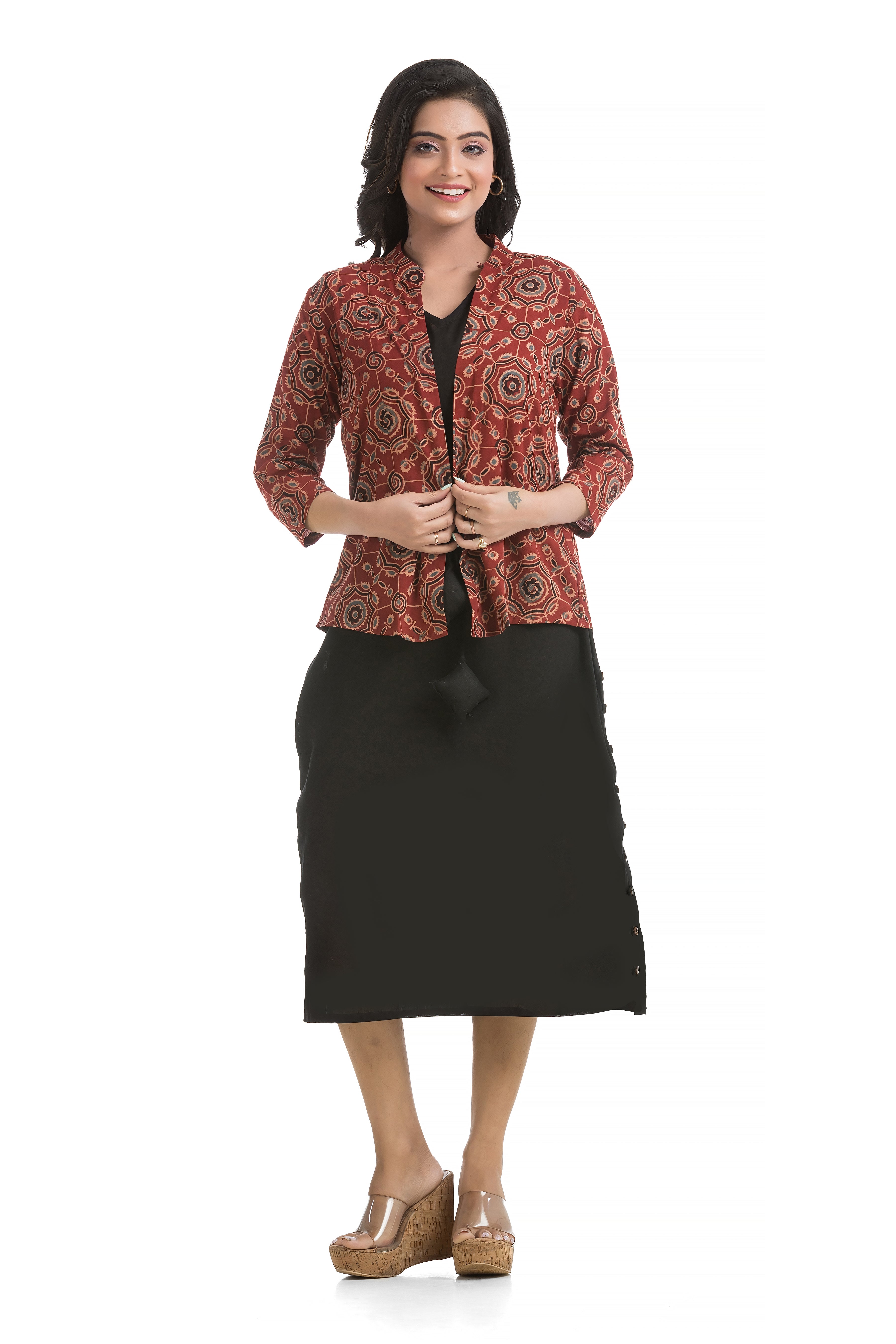 Drawstirng Black Dress with Ajrakh Floral Printed Jacket