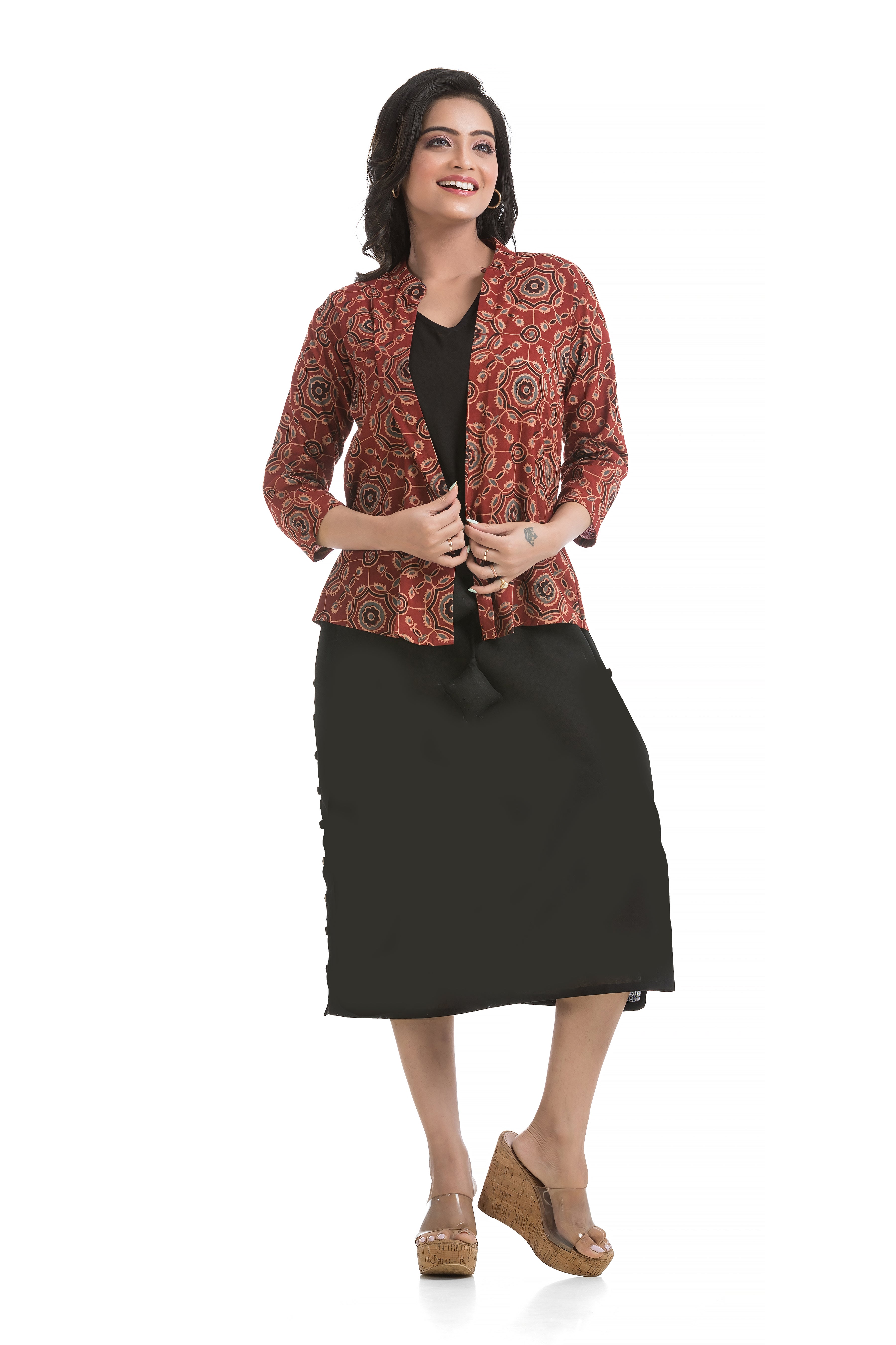 Drawstirng Black Dress with Ajrakh Floral Printed Jacket