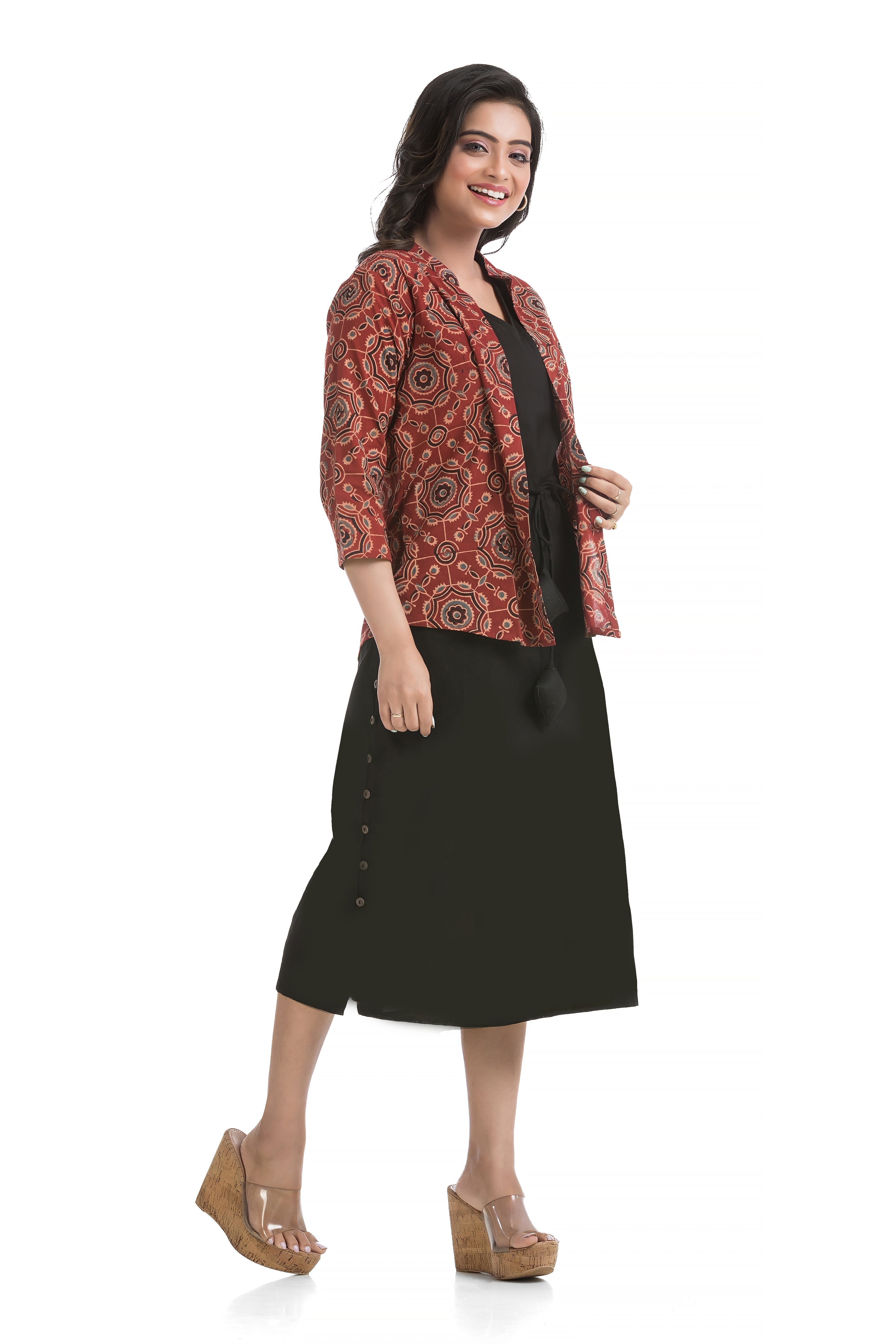 Drawstirng Black Dress with Ajrakh Floral Printed Jacket