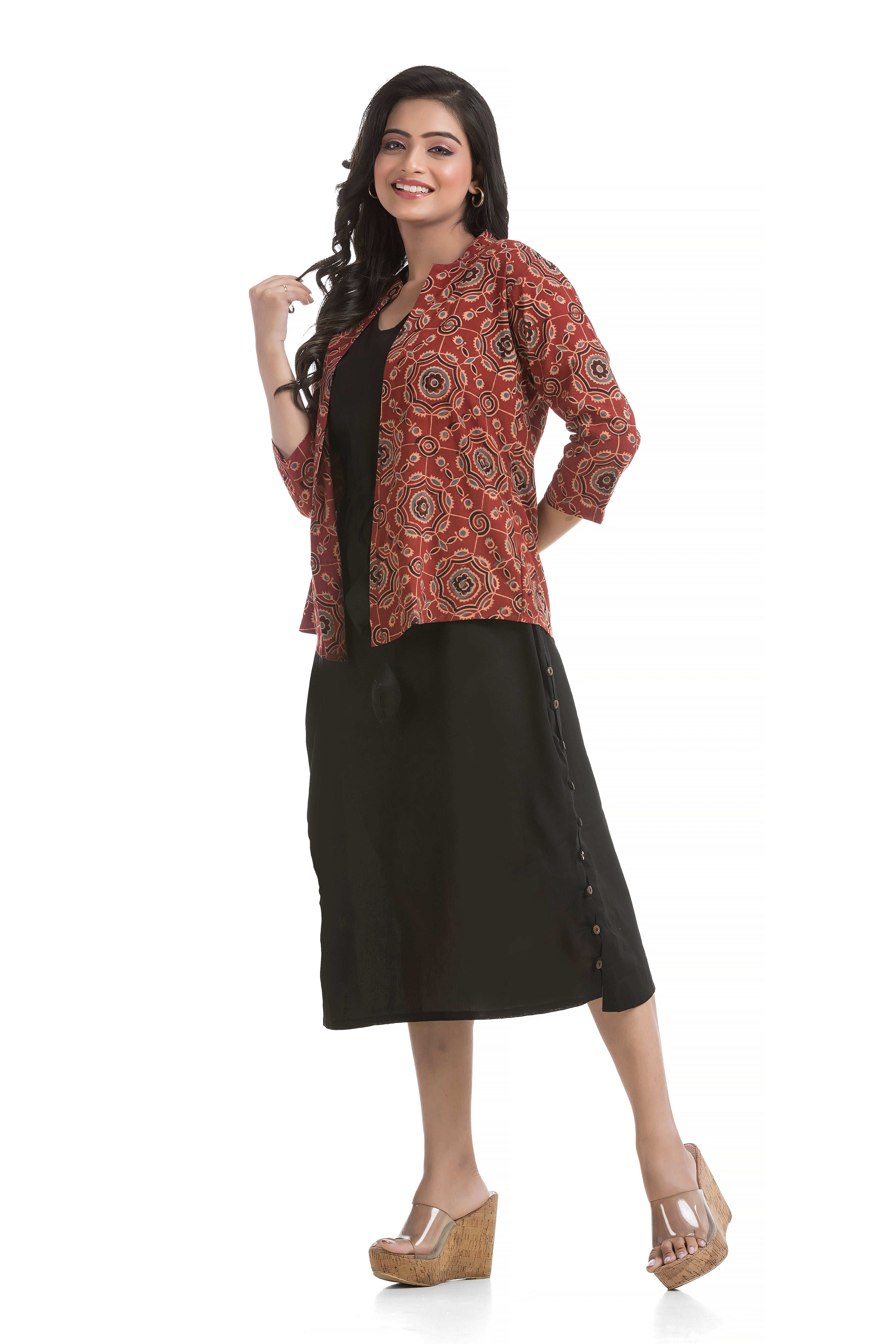 Drawstirng Black Dress with Ajrakh Floral Printed Jacket