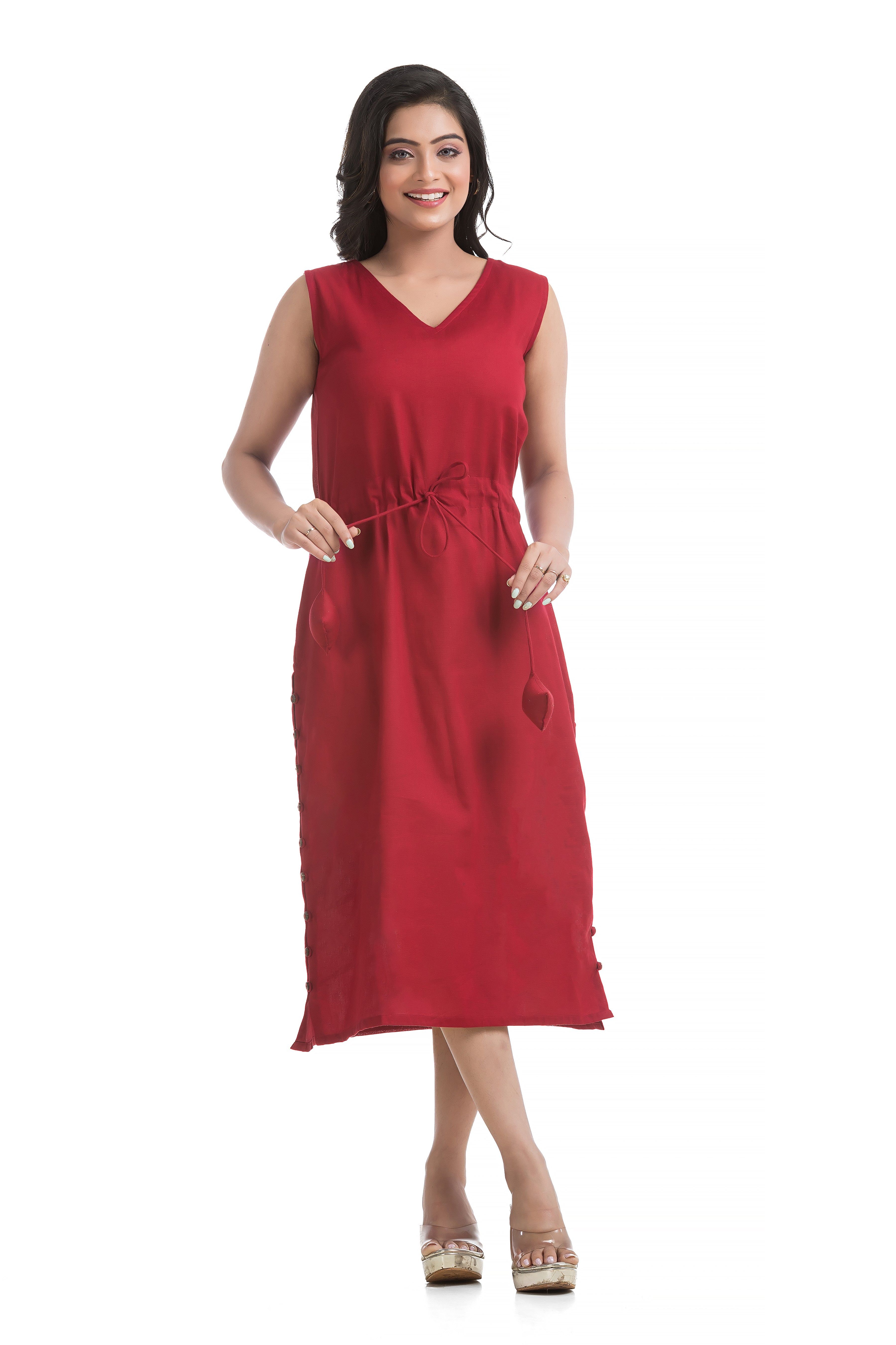 Natural Ajrakh Front Open Jacket with Maroon Flex Cotton Dress