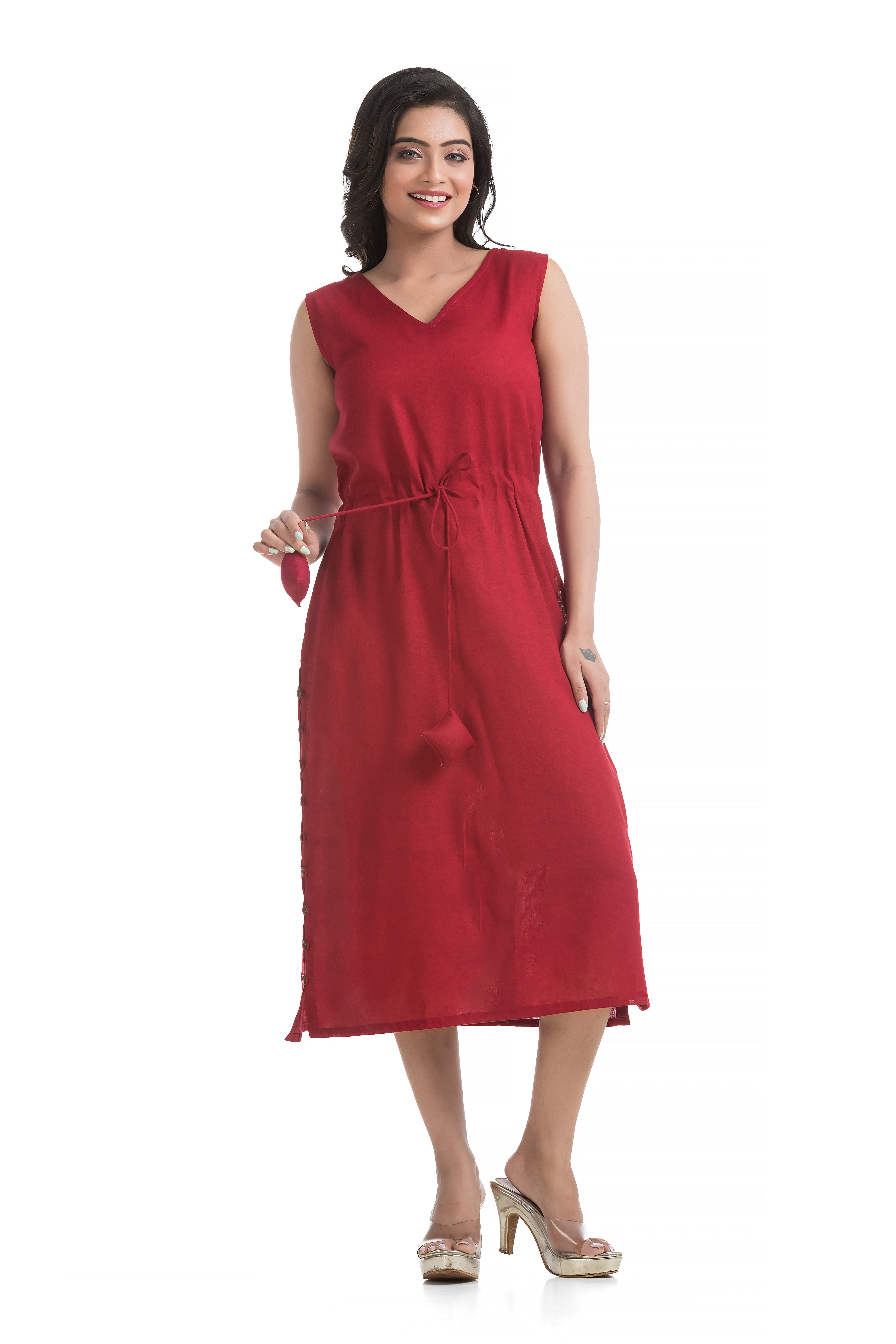 Natural Ajrakh Front Open Jacket with Maroon Flex Cotton Dress