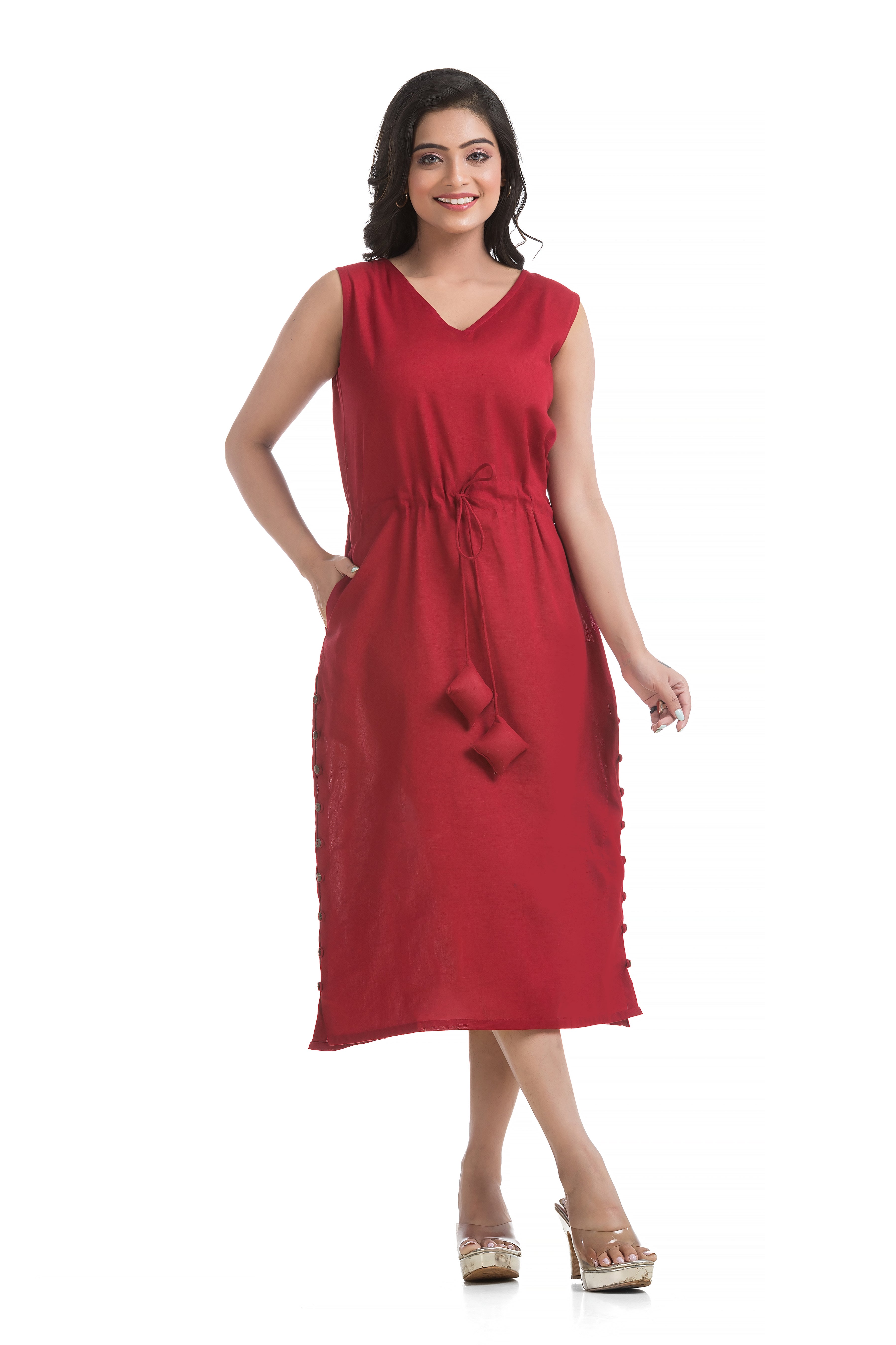 Natural Ajrakh Front Open Jacket with Maroon Flex Cotton Dress