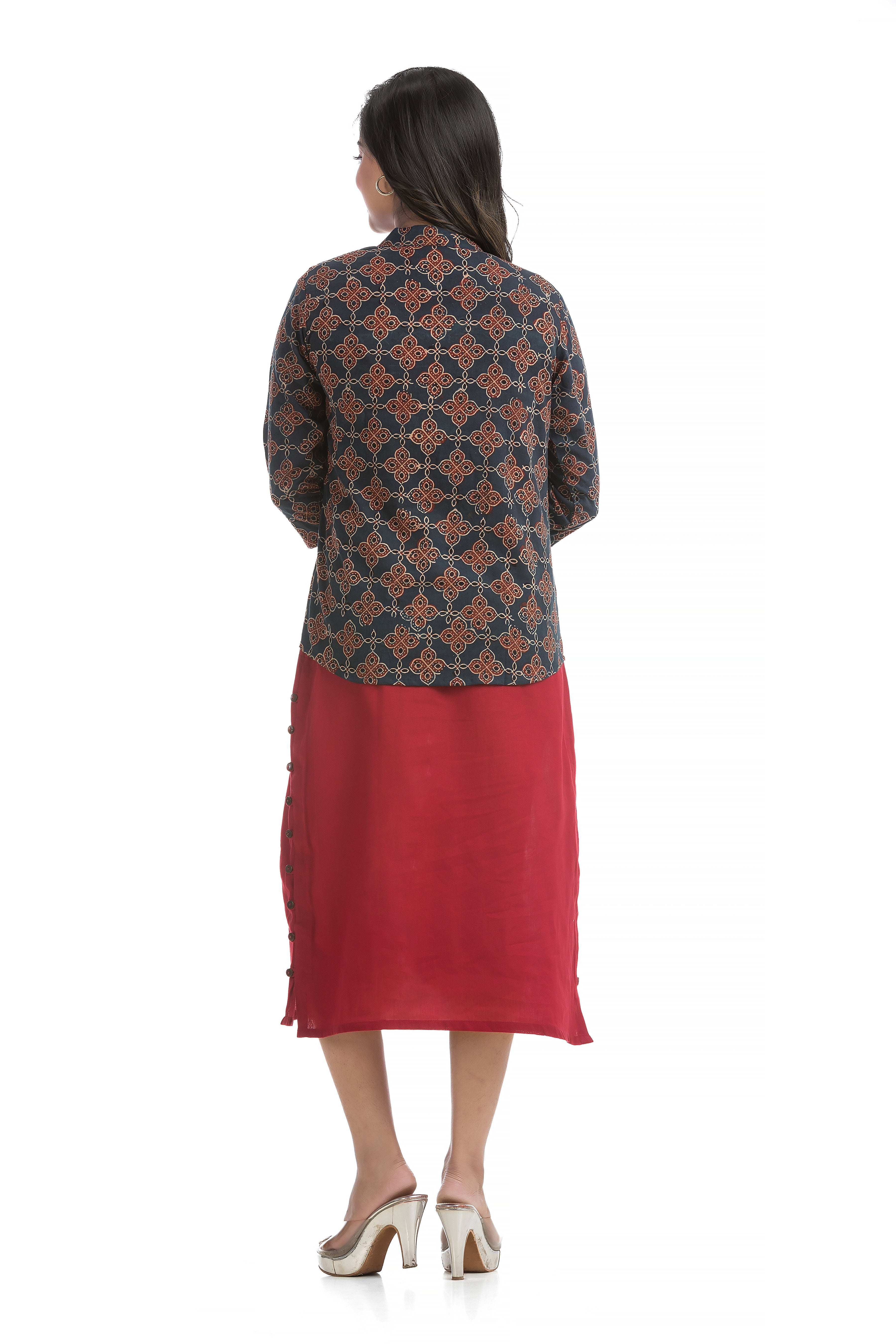 Natural Ajrakh Front Open Jacket with Maroon Flex Cotton Dress