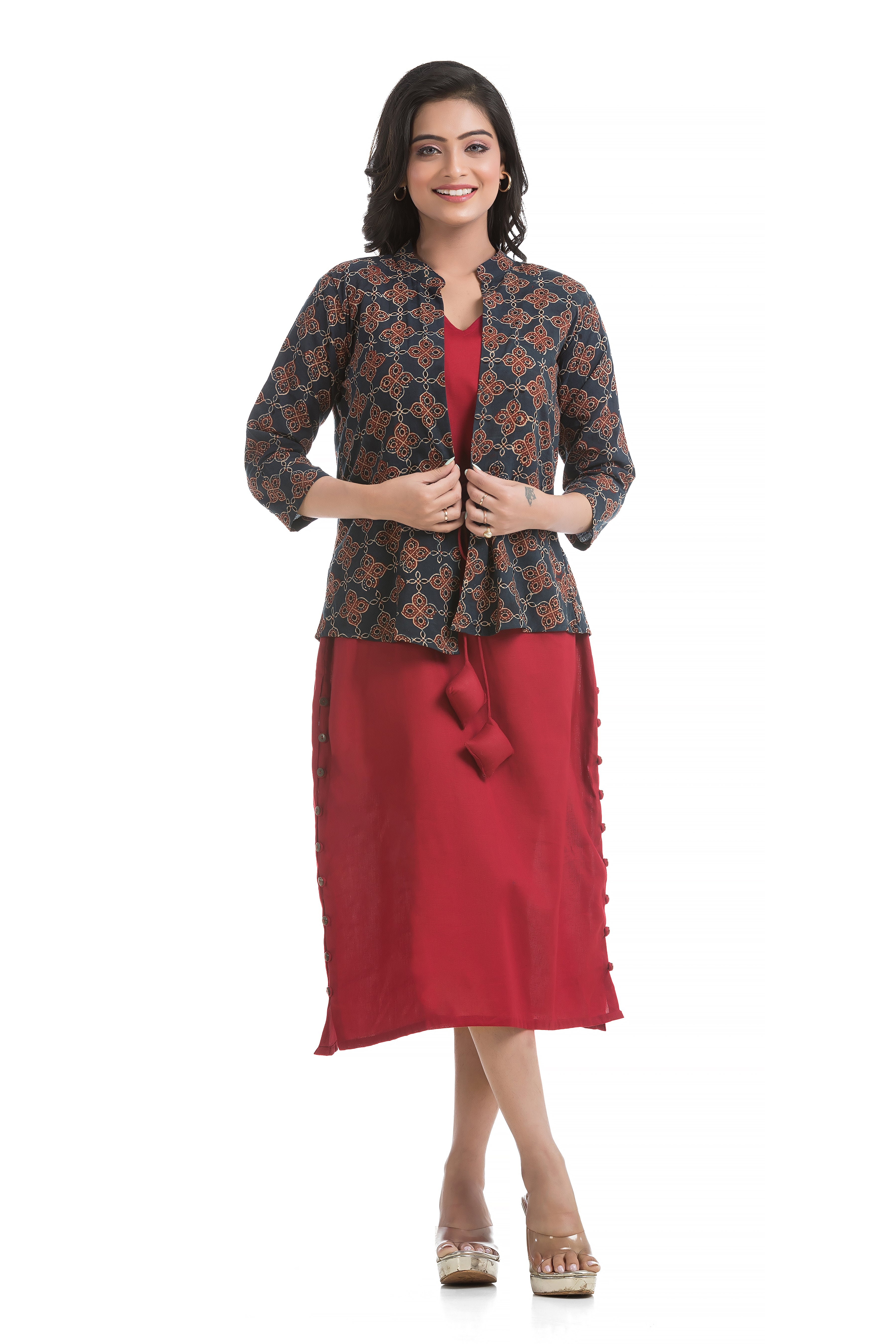 Natural Ajrakh Front Open Jacket with Maroon Flex Cotton Dress