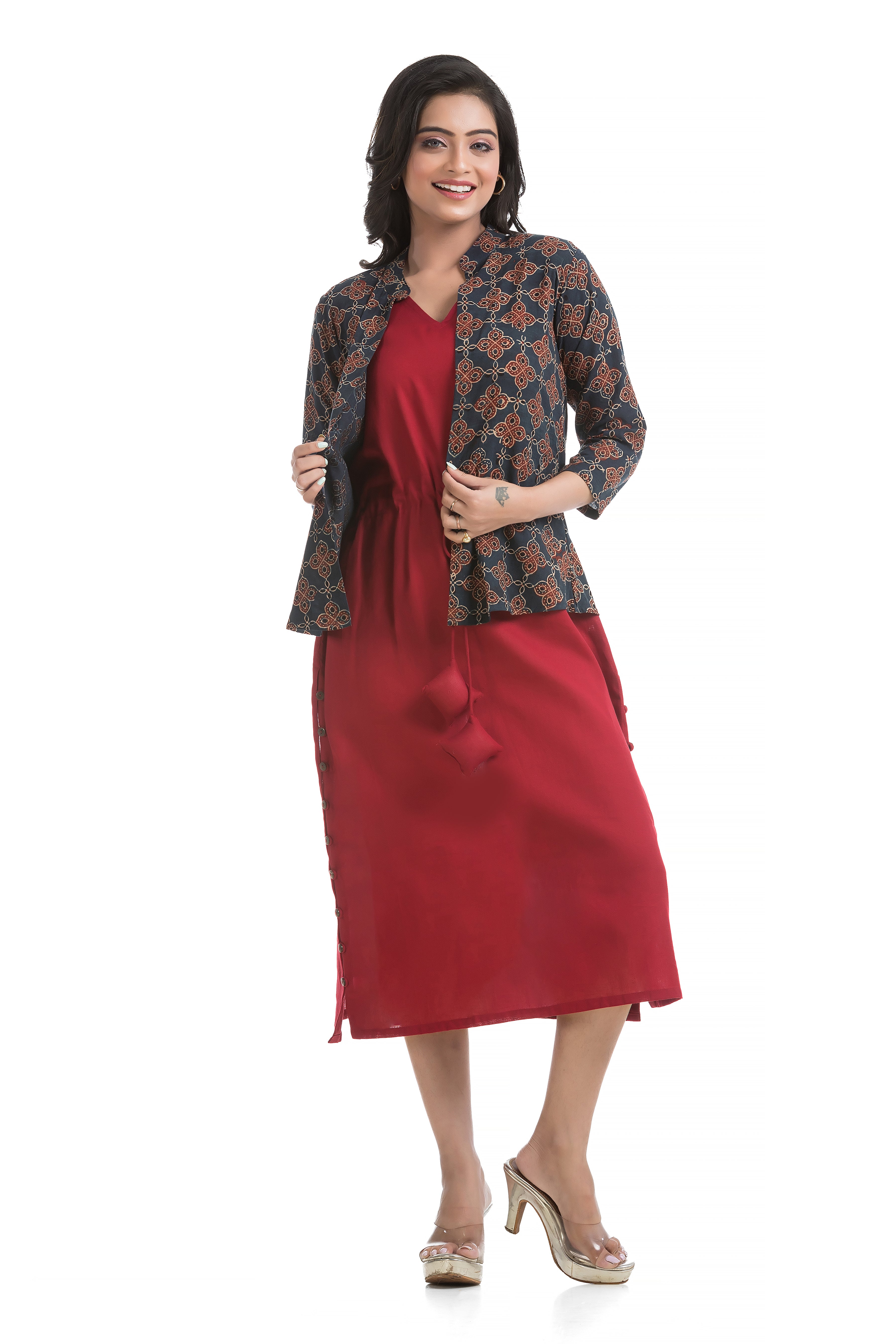 Natural Ajrakh Front Open Jacket with Maroon Flex Cotton Dress
