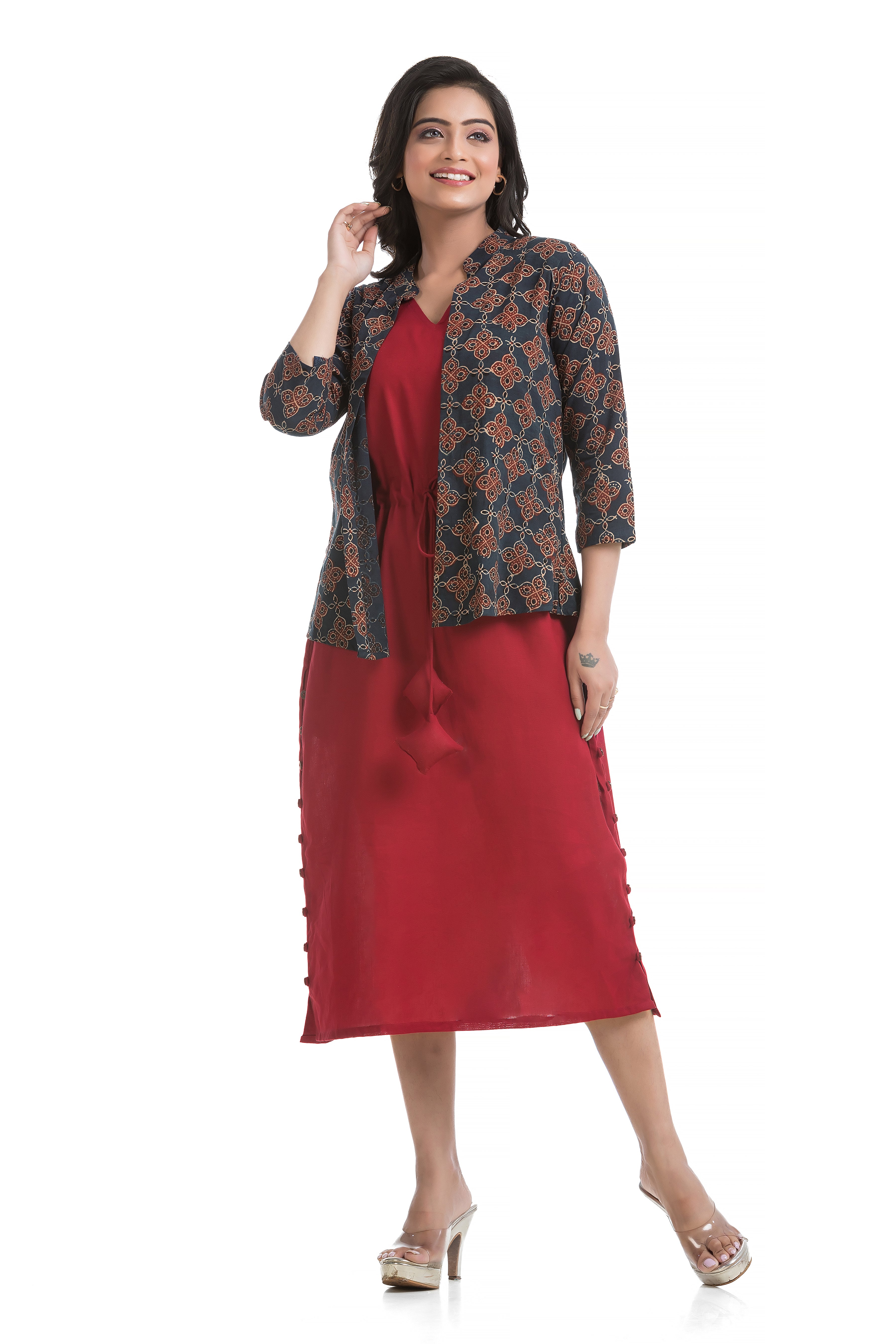 Natural Ajrakh Front Open Jacket with Maroon Flex Cotton Dress