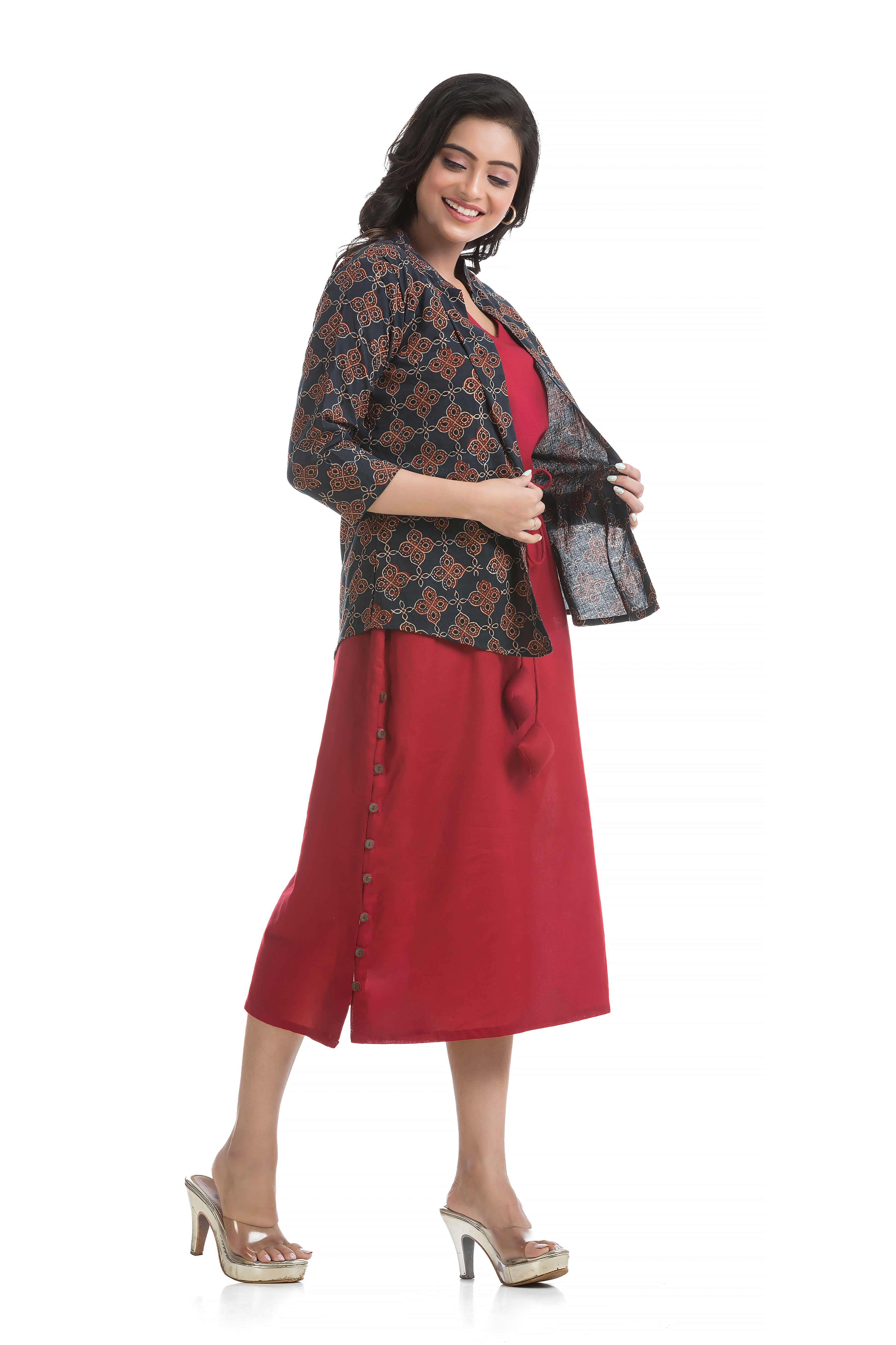 Natural Ajrakh Front Open Jacket with Maroon Flex Cotton Dress