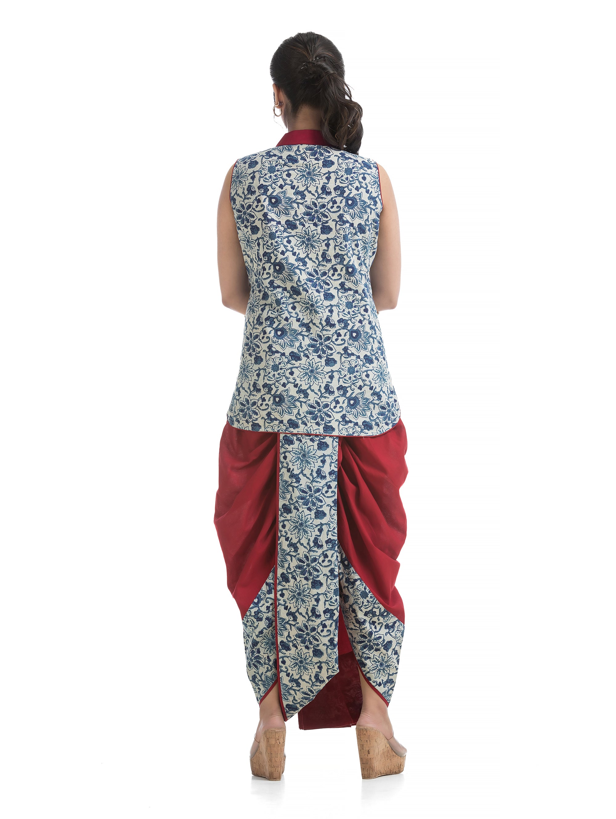 Indigo Hand Block V-Neck Top with Maroon Cotton Pleated Dhoti