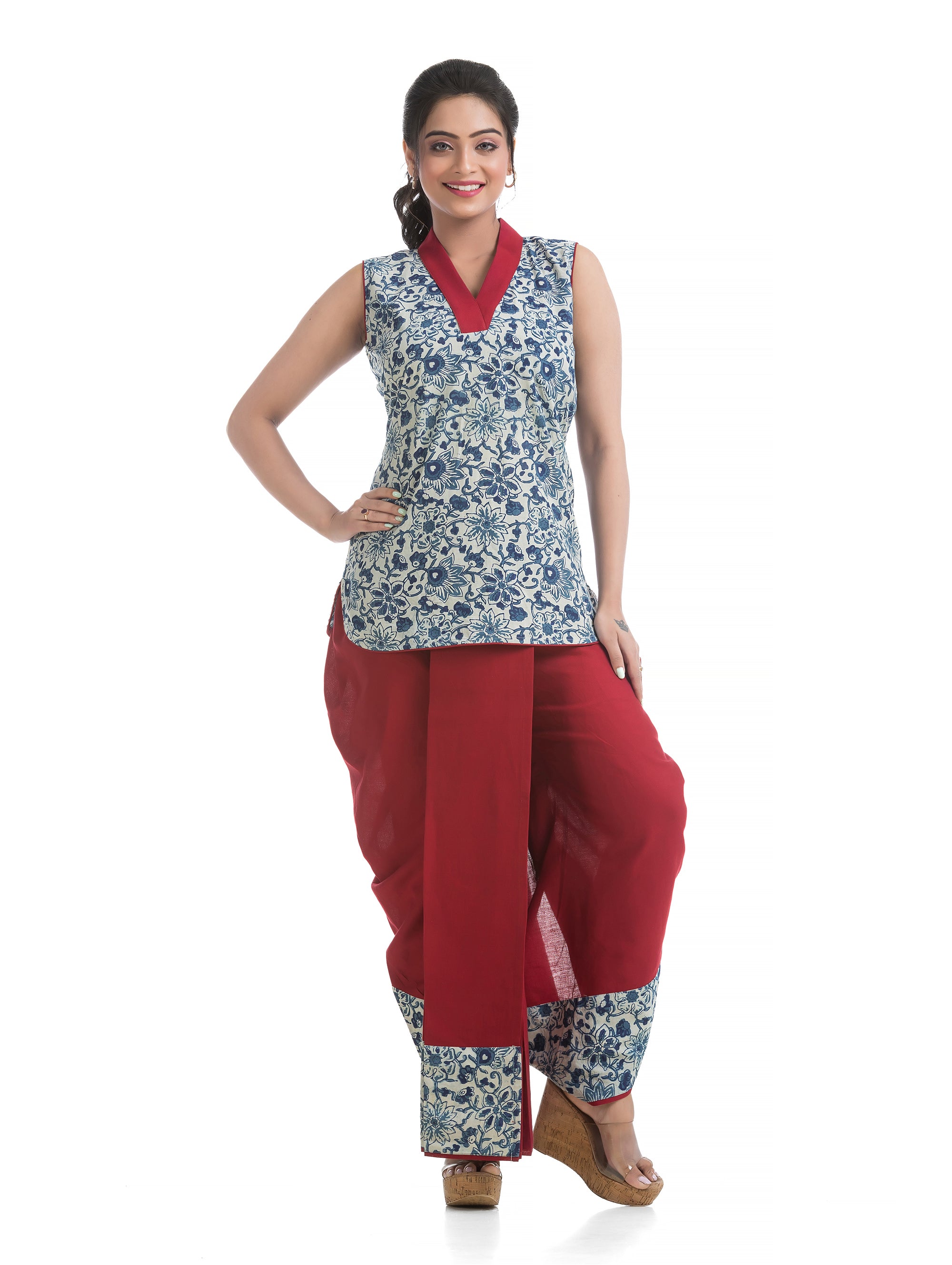 Indigo Hand Block V-Neck Top with Maroon Cotton Pleated Dhoti