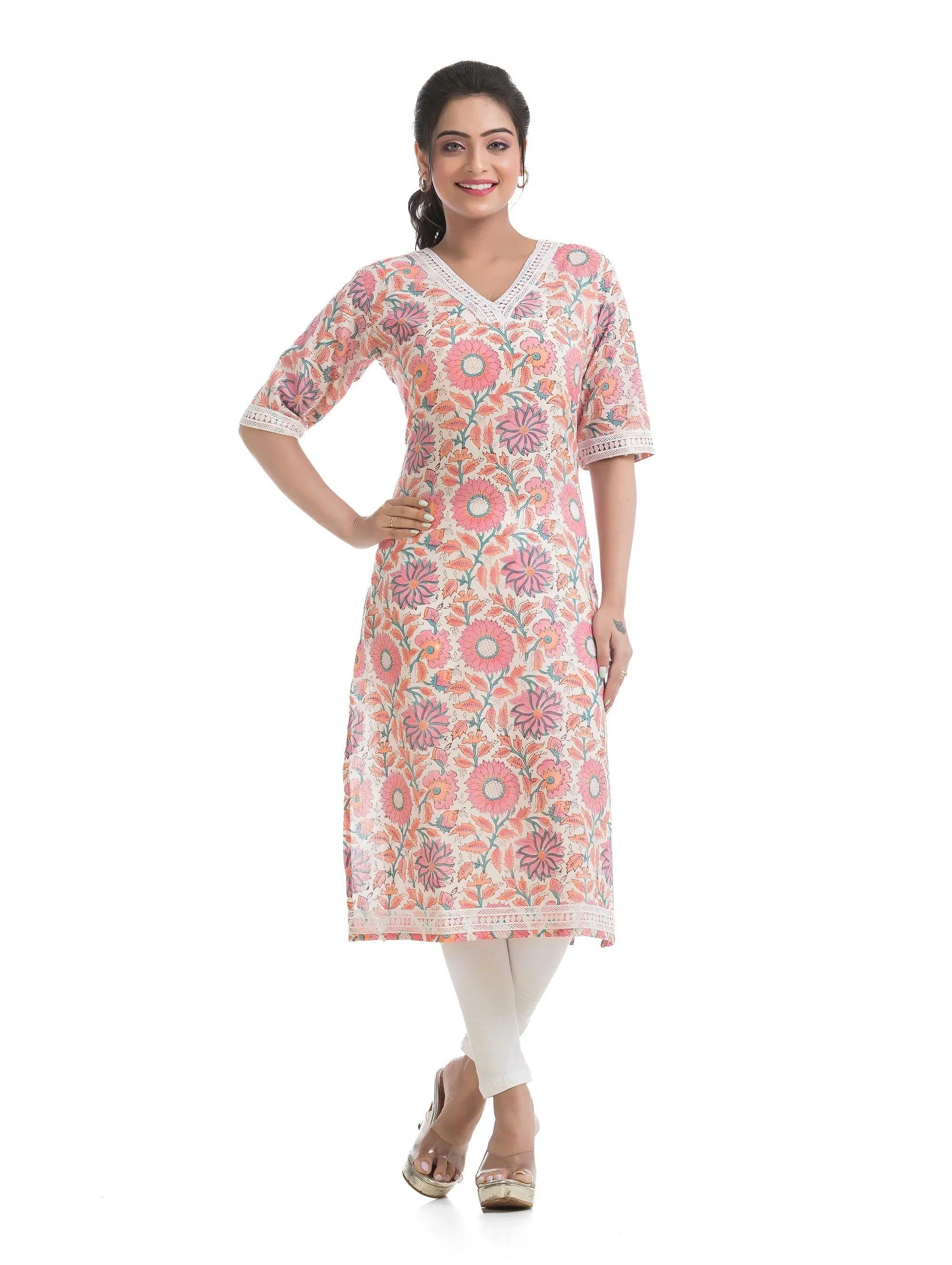 Floral Motif Hand Blocked Sanganeri Print Kurti