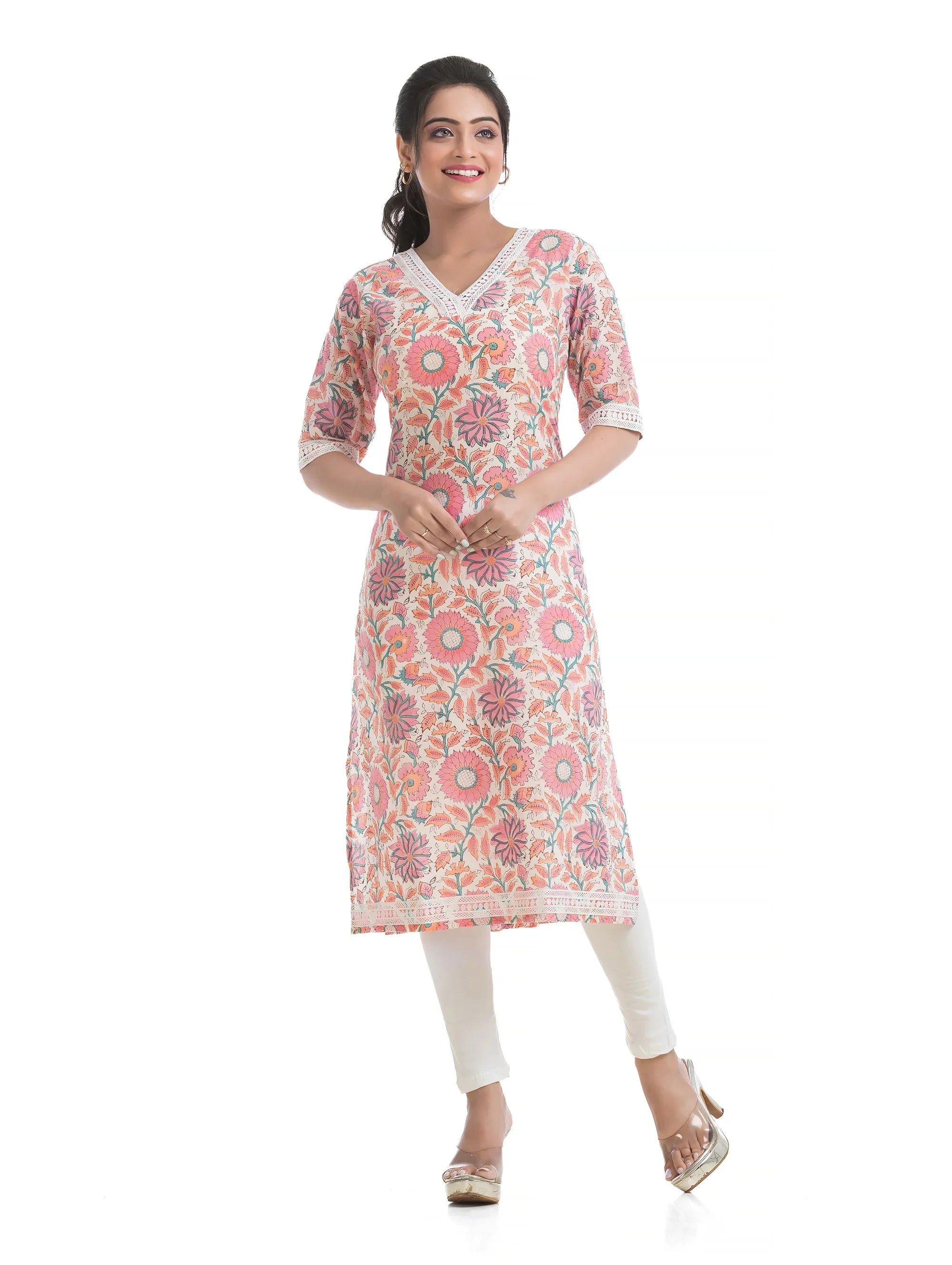 Floral Motif Hand Blocked Sanganeri Print Kurti