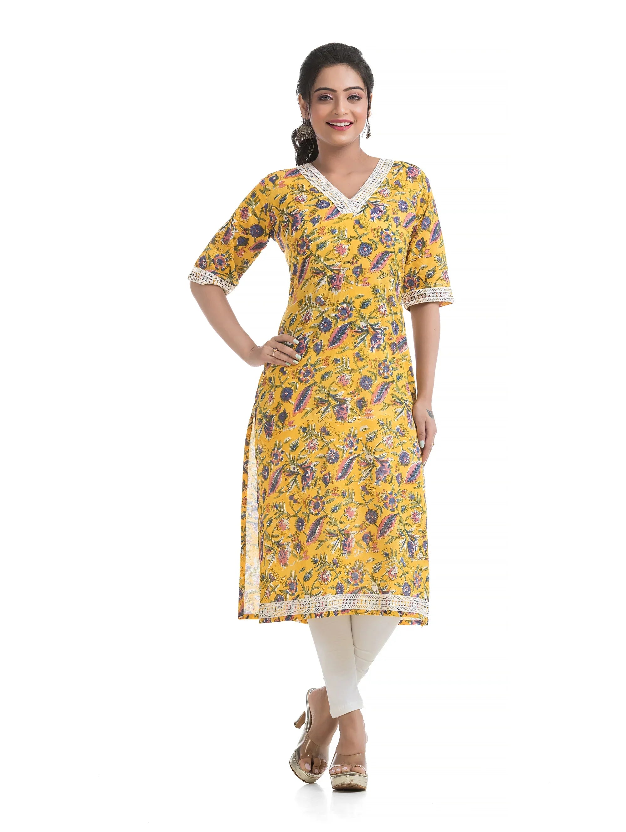 Pure Sanganeri Hand Blocked Print Satraight Kurti on Bright Yellow