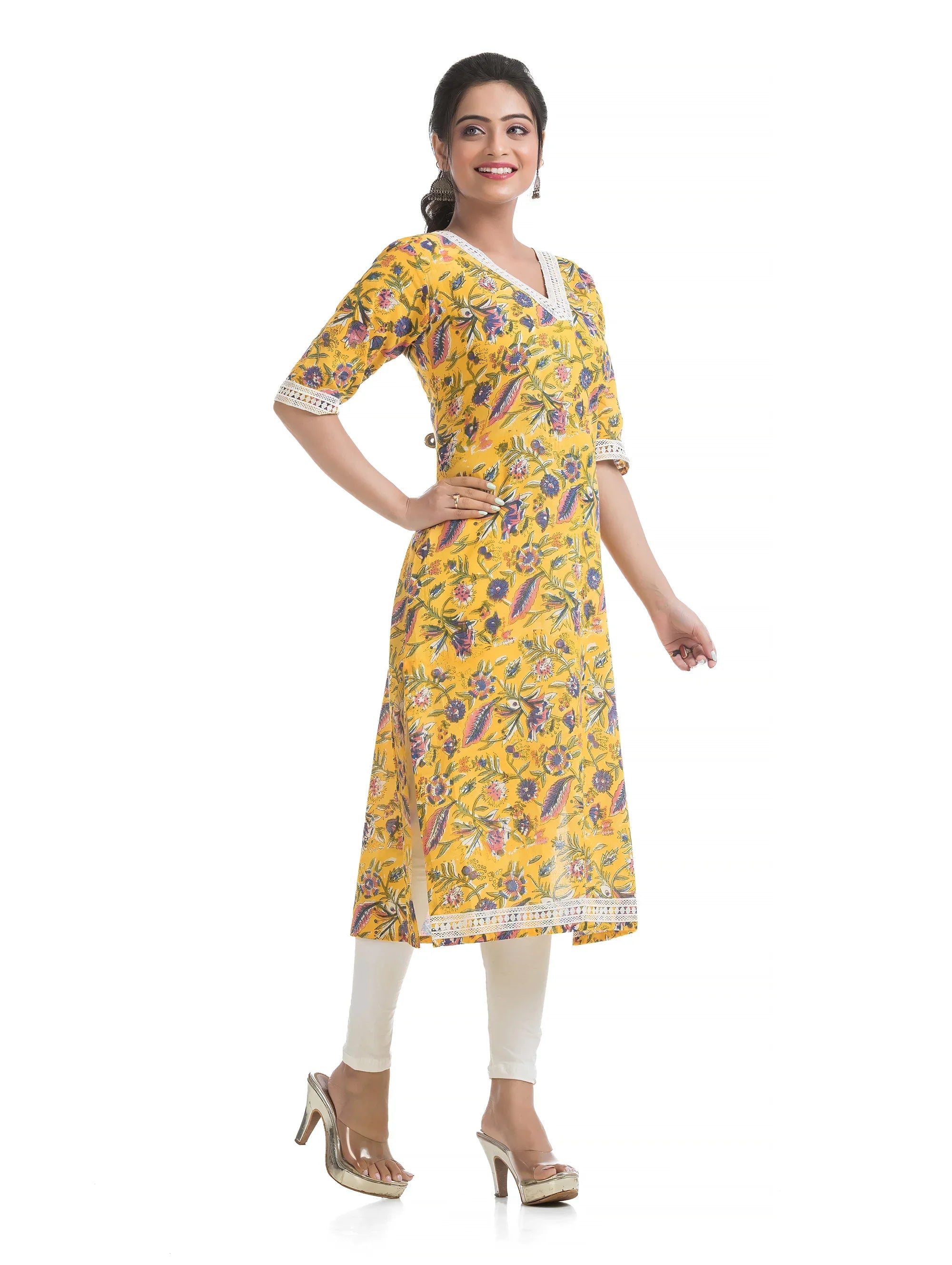 Pure Sanganeri Hand Blocked Print Satraight Kurti on Bright Yellow