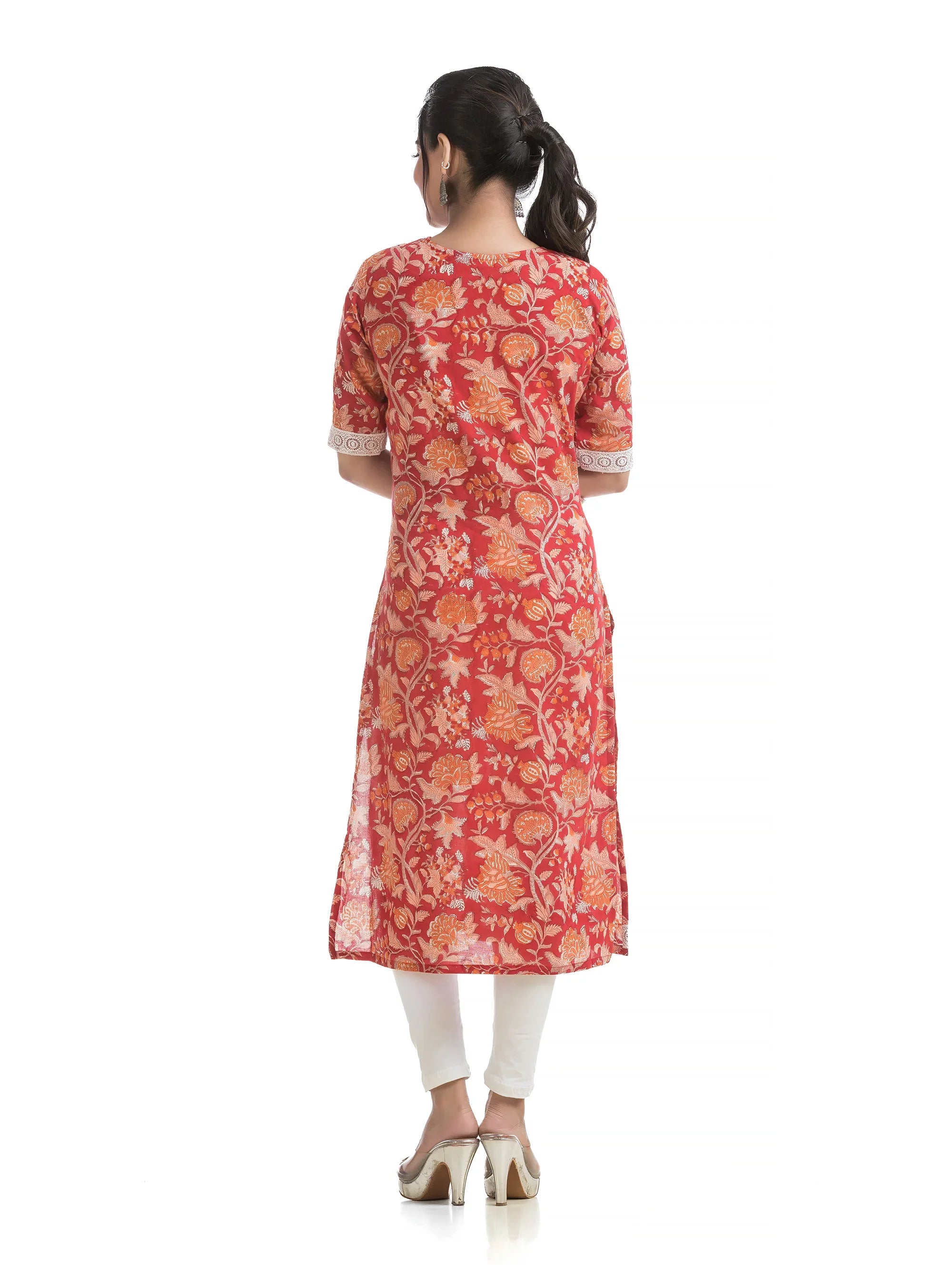 Pure Sanganeri Hand Blocked Print Satraight Kurti on Bright Red With White Lacework