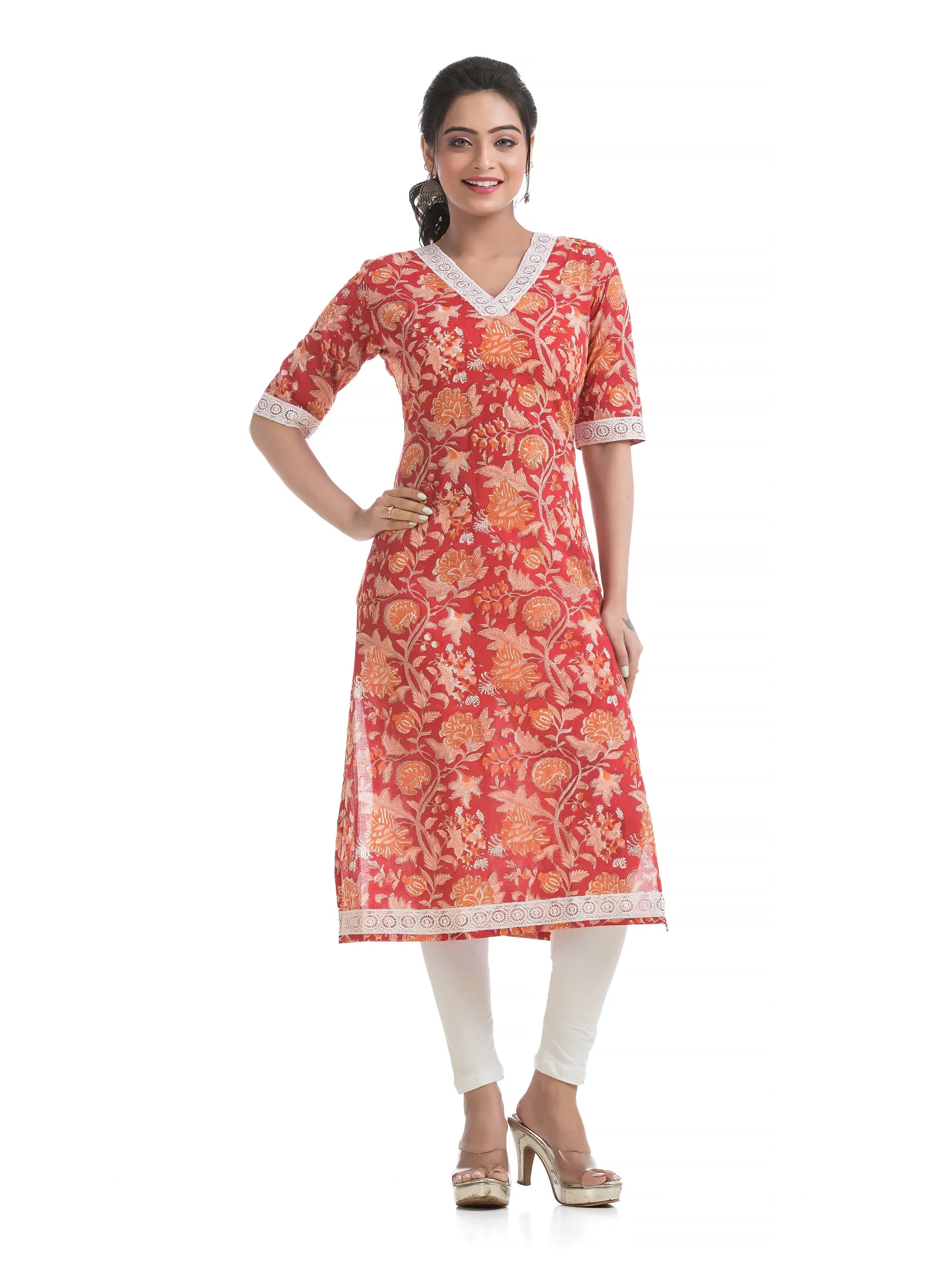 Pure Sanganeri Hand Blocked Print Satraight Kurti on Bright Red With White Lacework