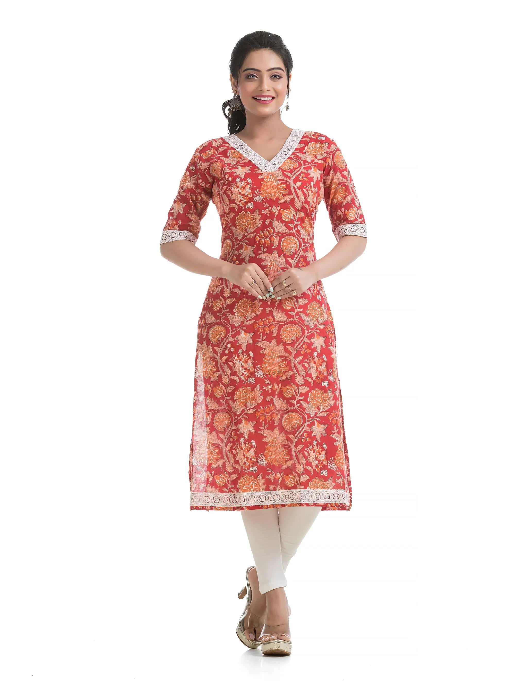 Pure Sanganeri Hand Blocked Print Satraight Kurti on Bright Red With White Lacework