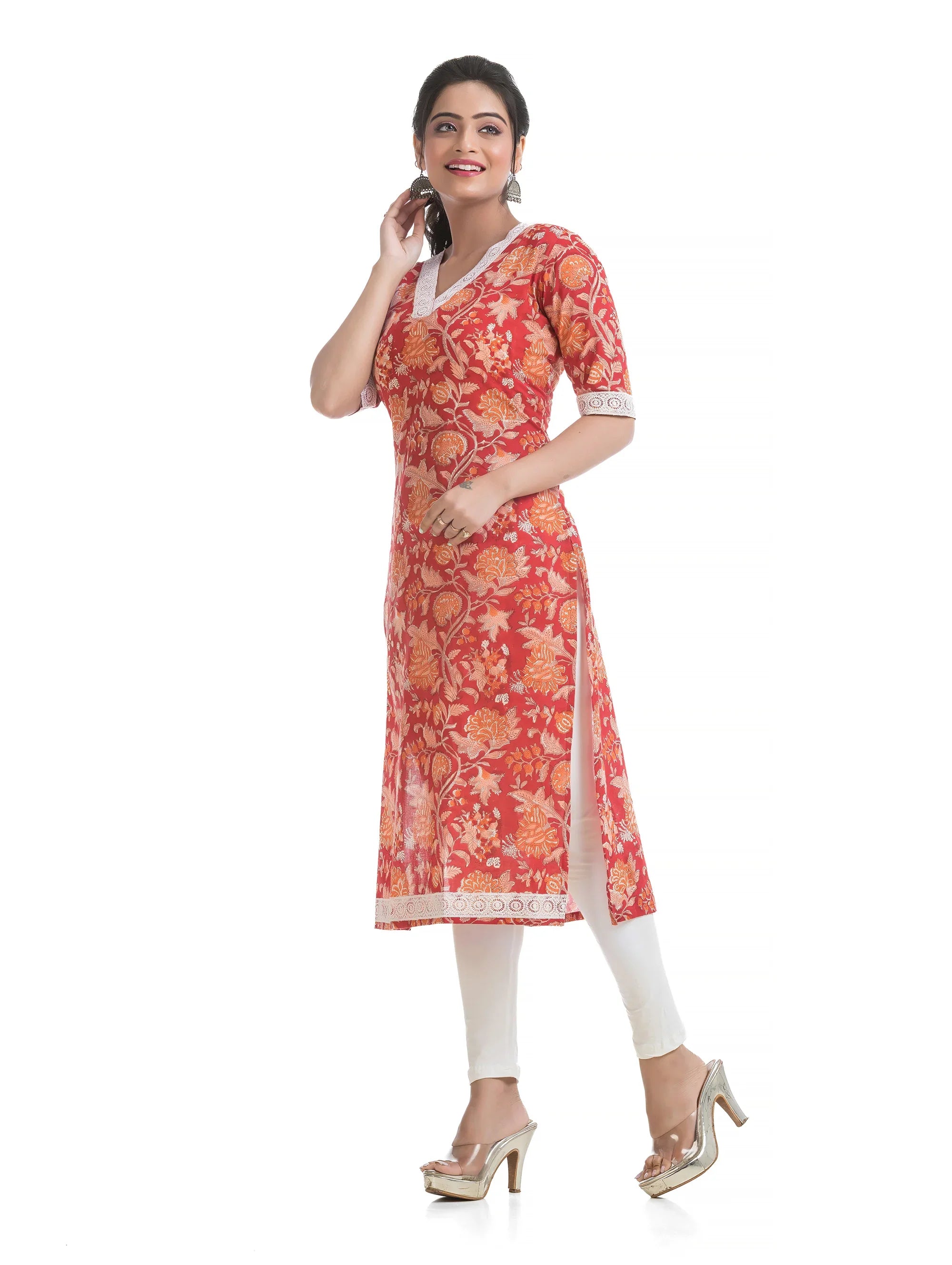Pure Sanganeri Hand Blocked Print Satraight Kurti on Bright Red With White Lacework