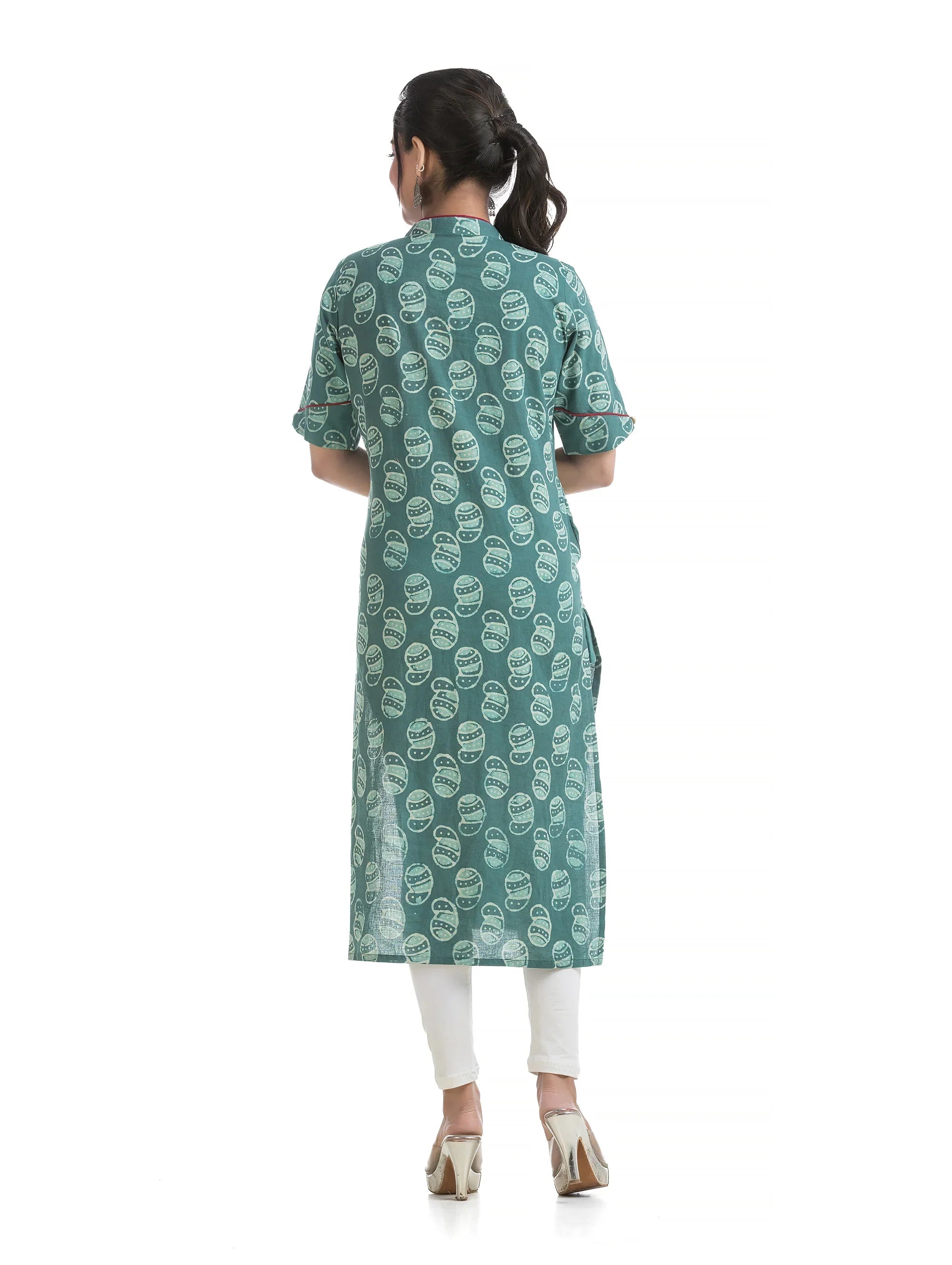 Green Dabu Printed V-Neck Kurti