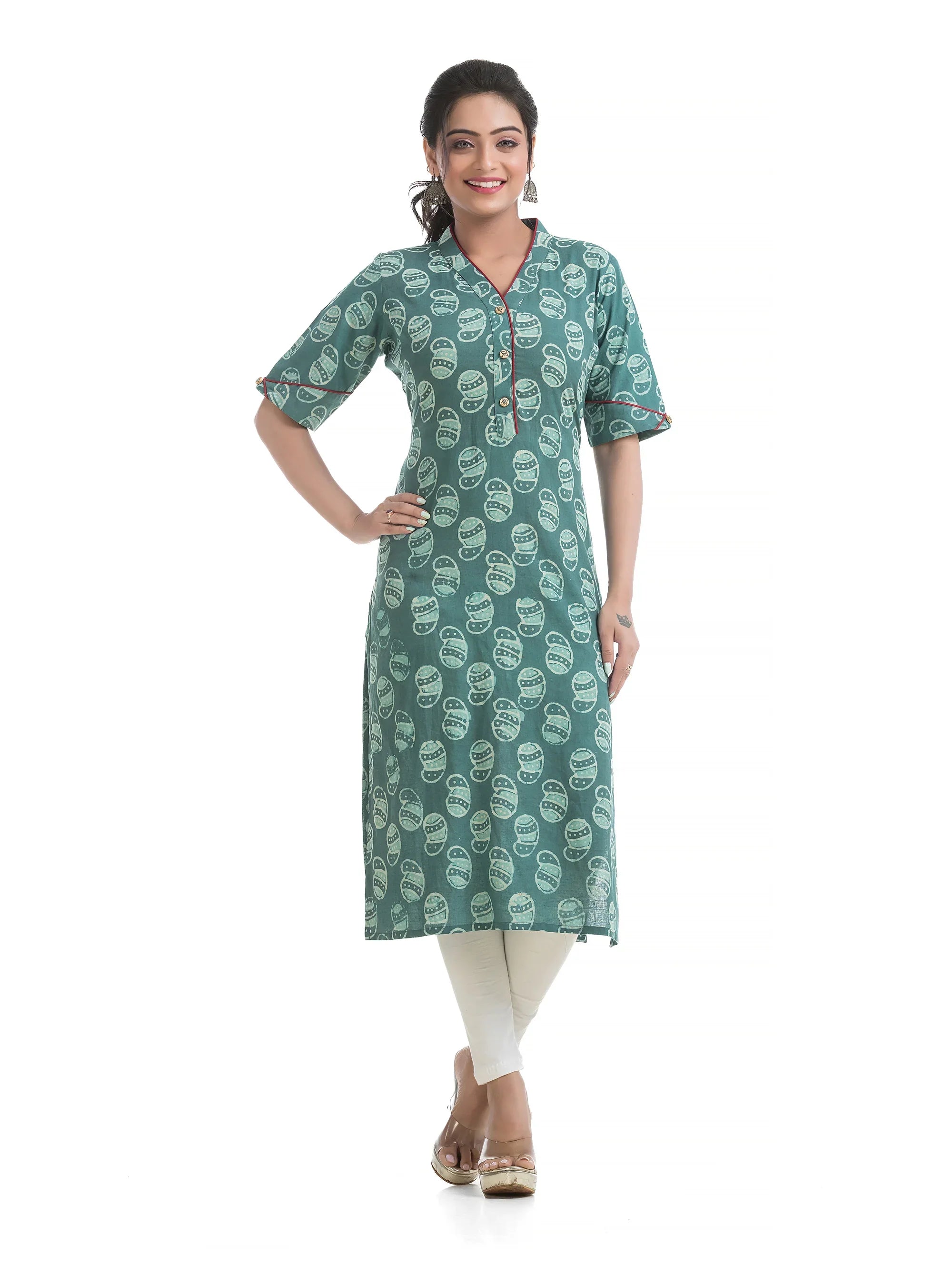 Green Dabu Printed V-Neck Kurti