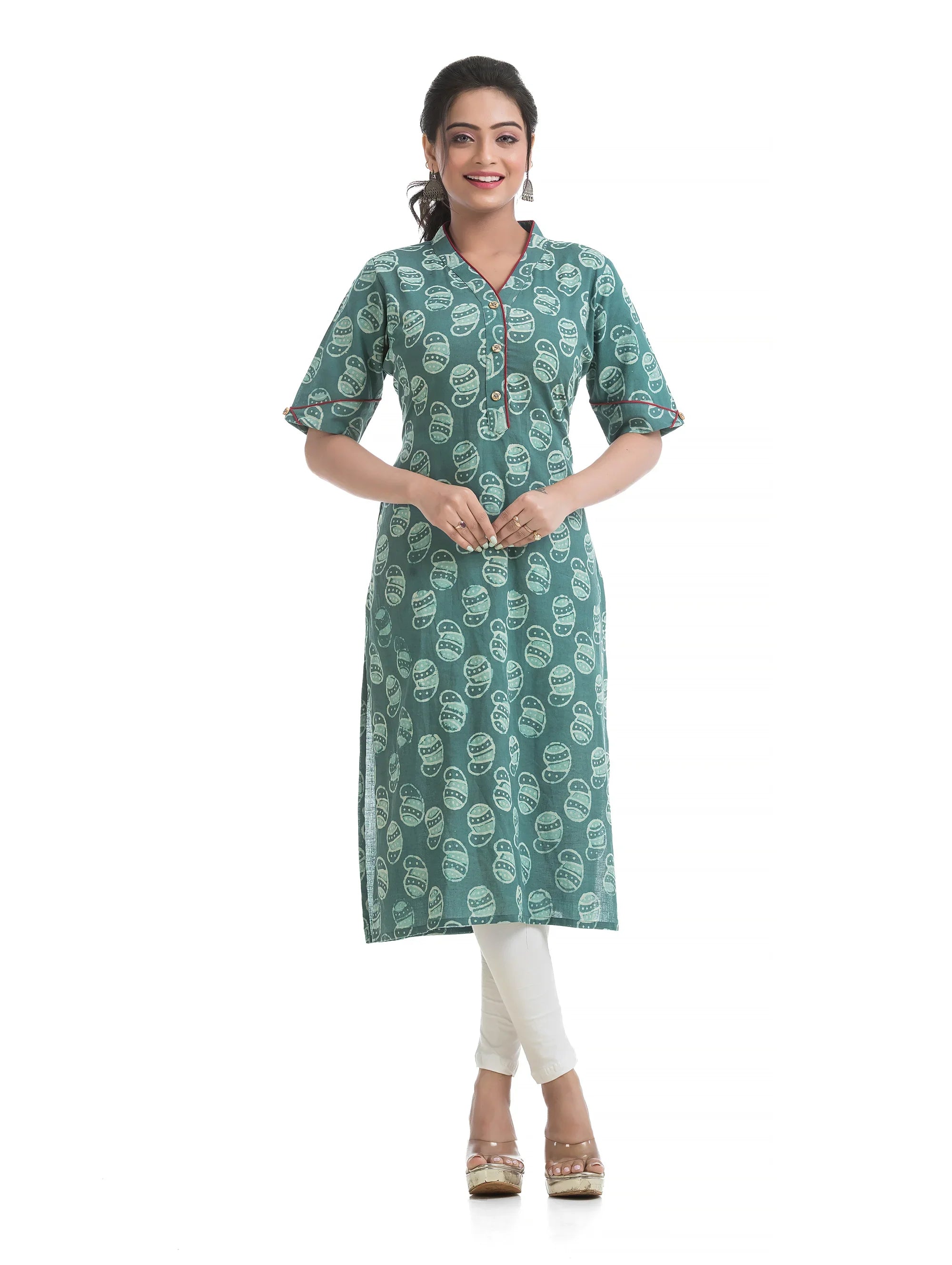 Green Dabu Printed V-Neck Kurti