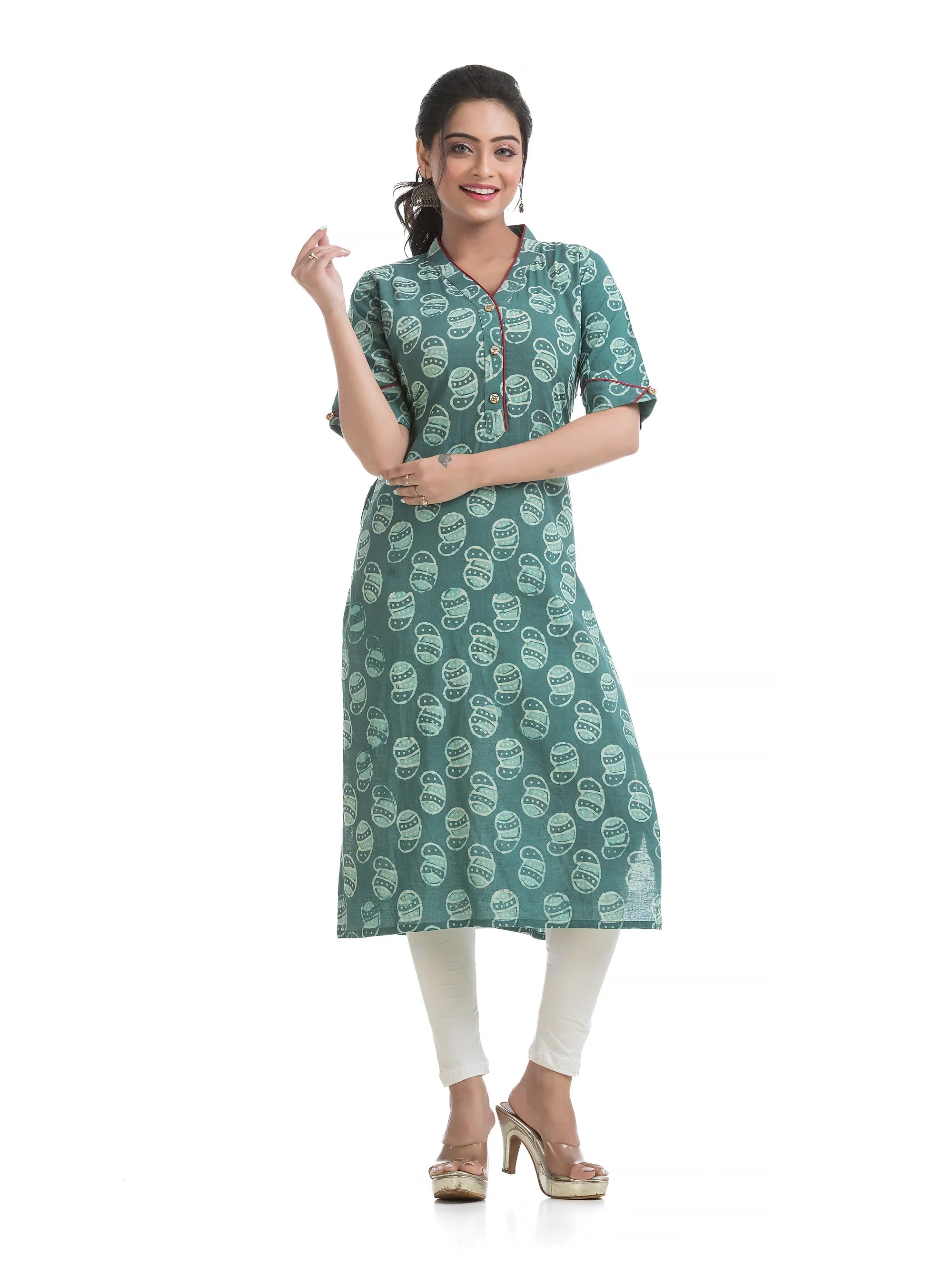 Green Dabu Printed V-Neck Kurti