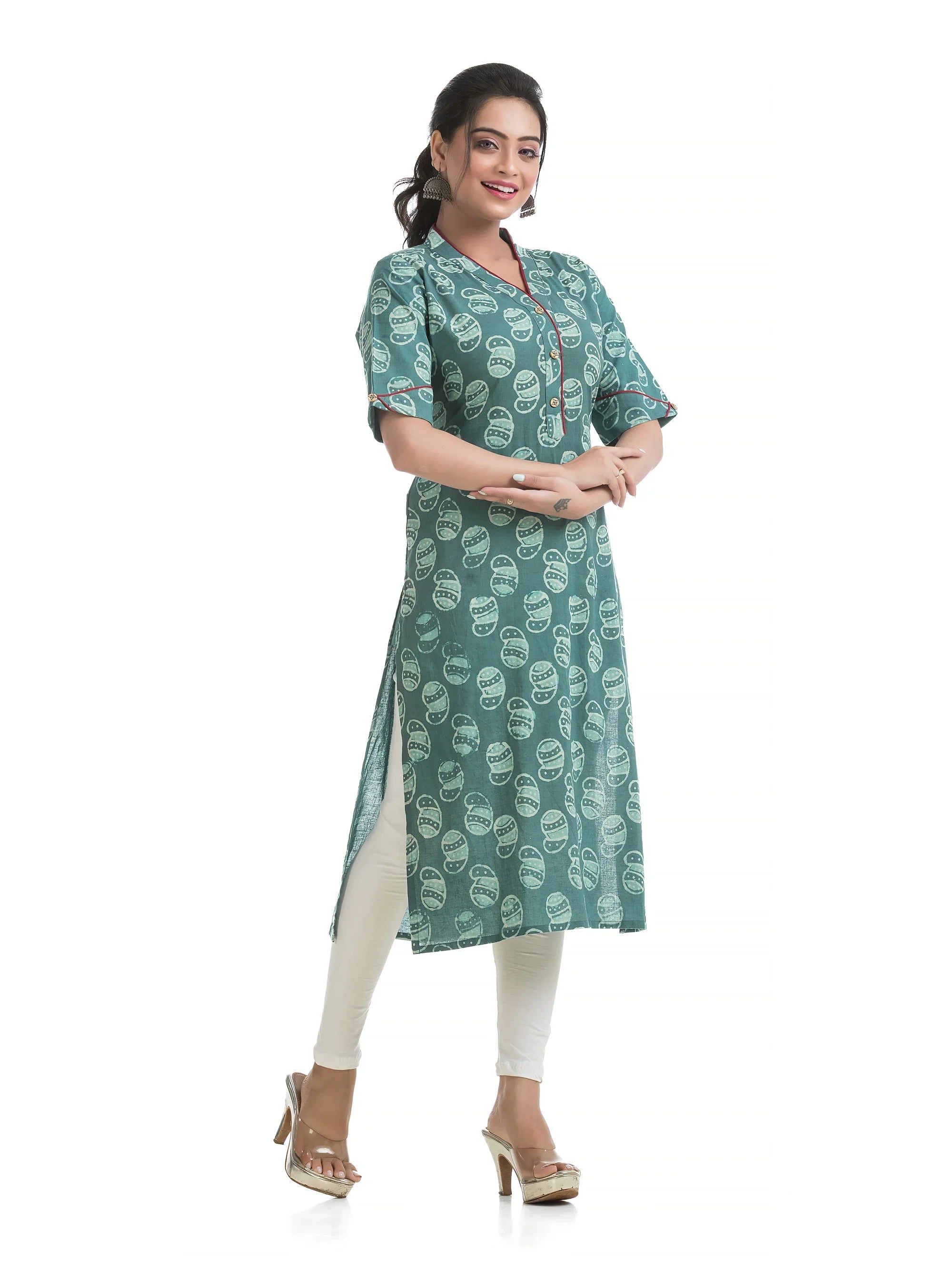 Green Dabu Printed V-Neck Kurti