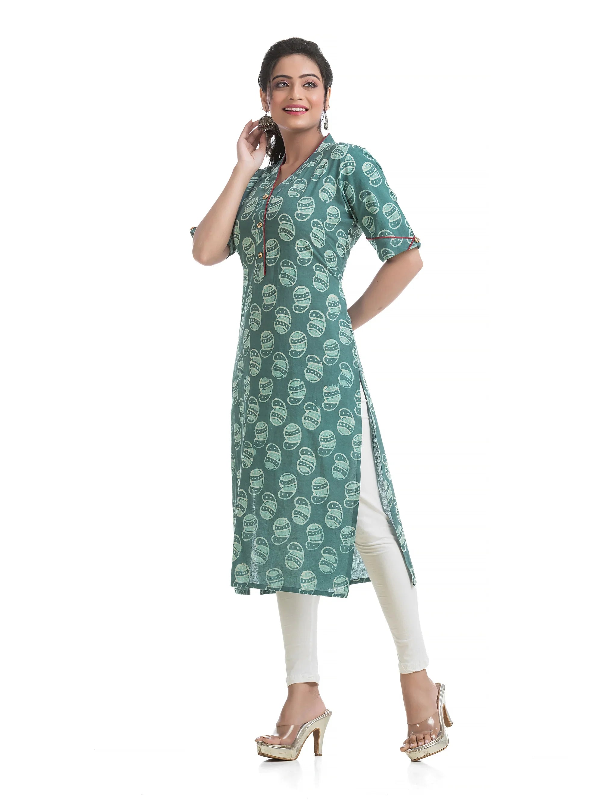 Green Dabu Printed V-Neck Kurti