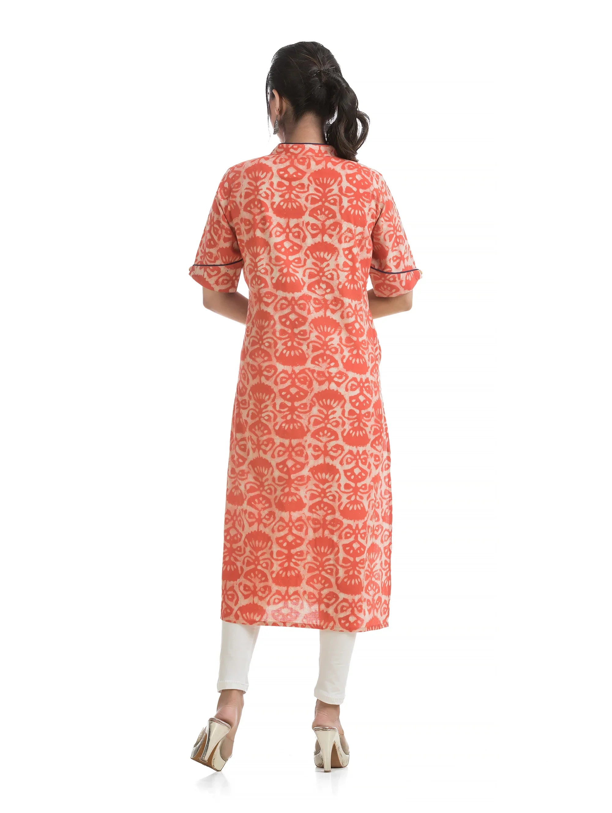 Orange Dabu Printed V-Neck Kurti
