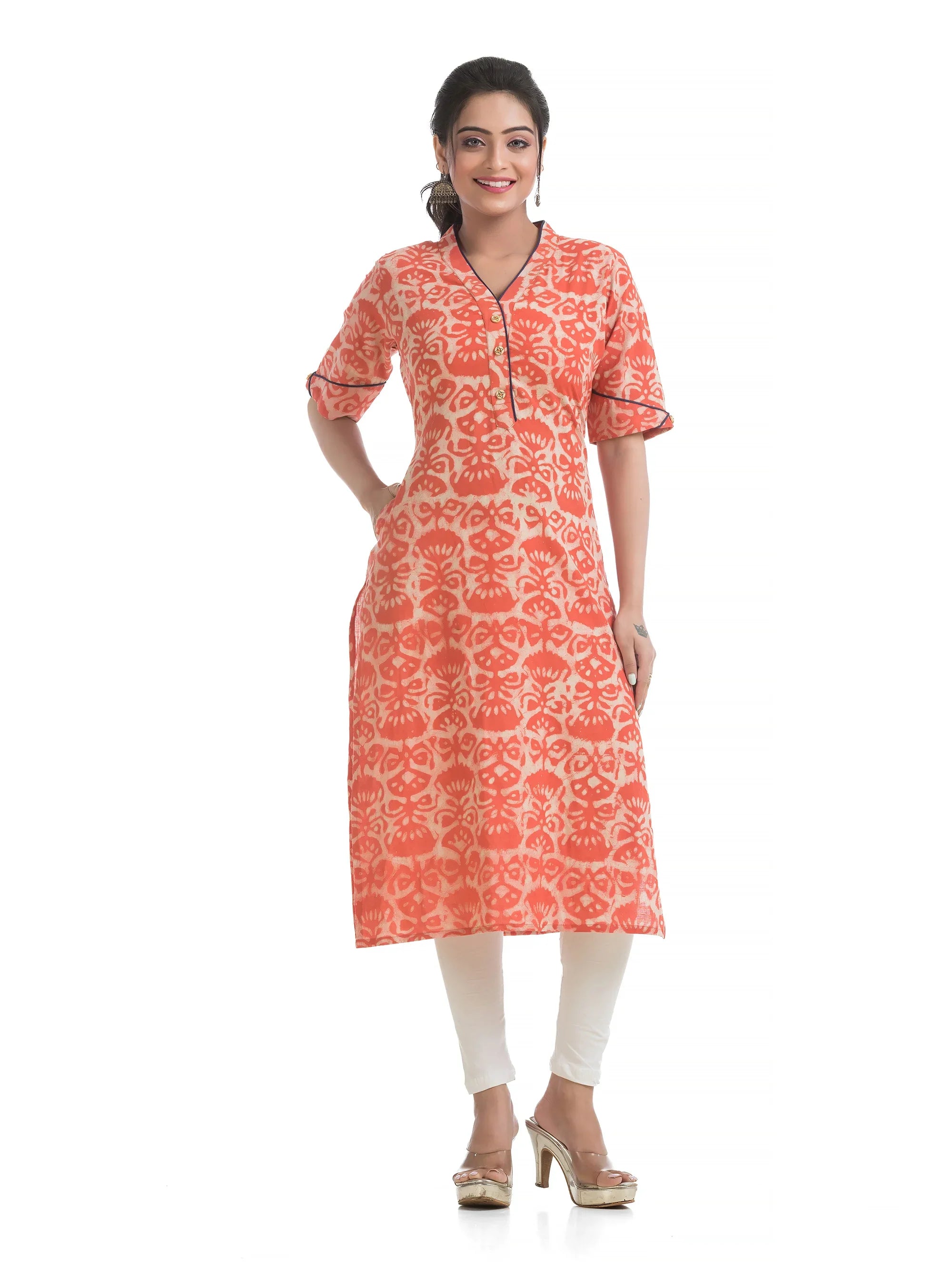 Orange Dabu Printed V-Neck Kurti