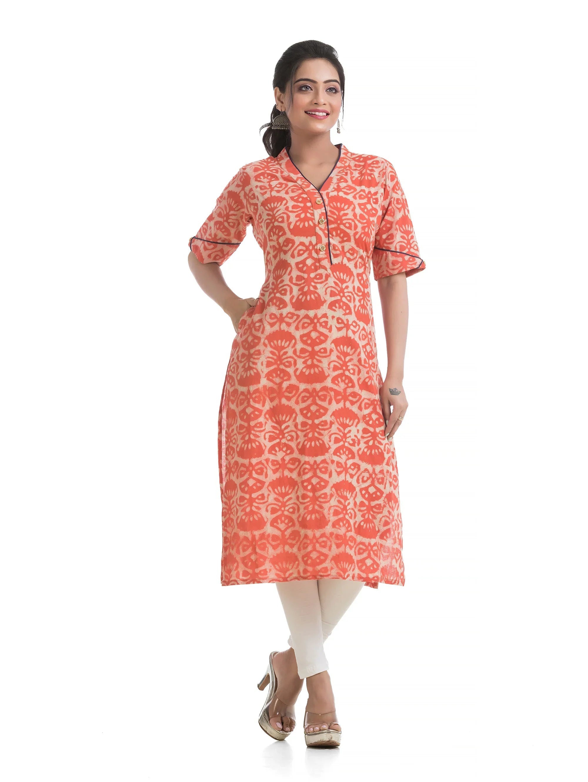 Orange Dabu Printed V-Neck Kurti