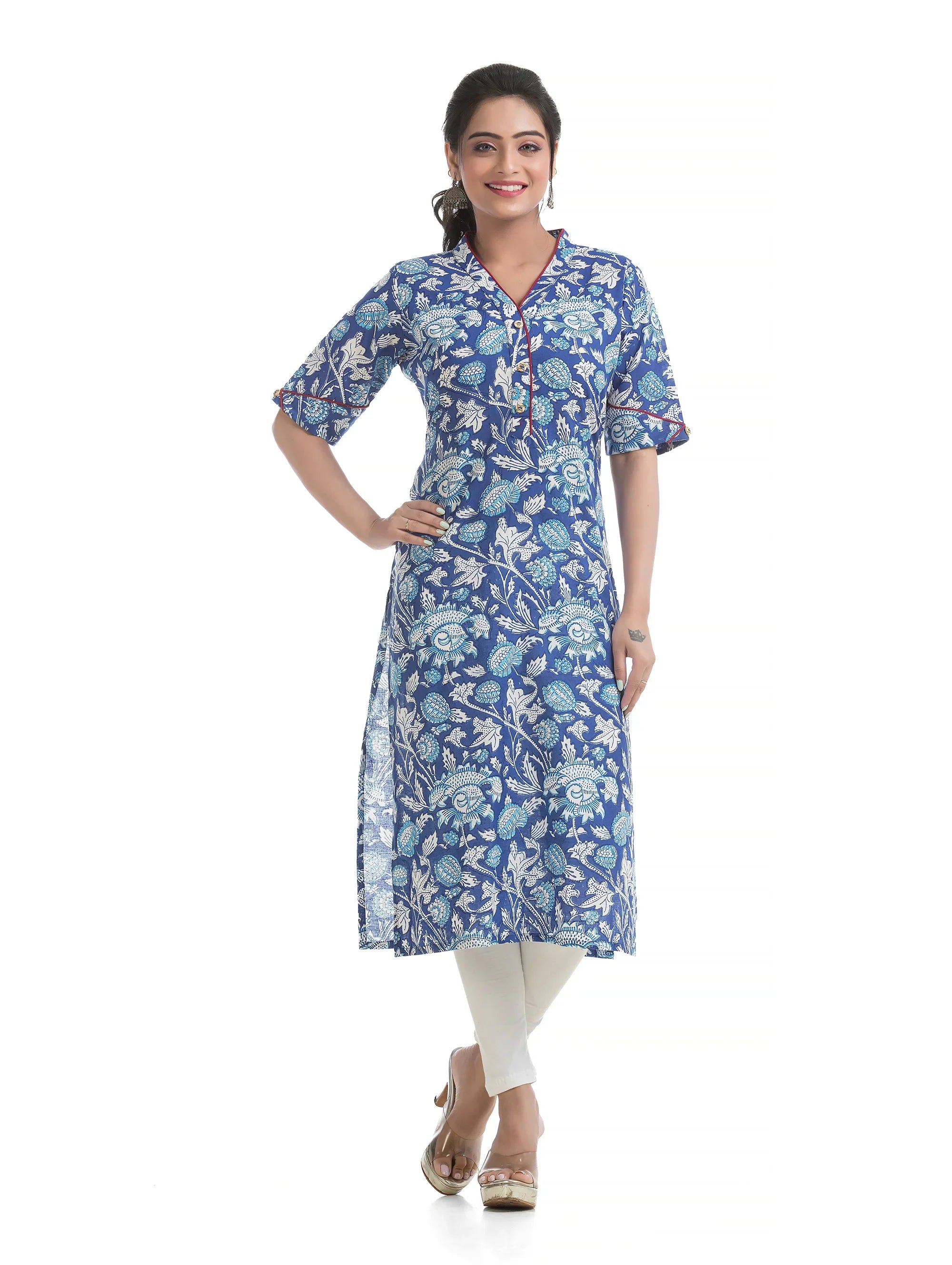 Blue Floral Motif Sanganeri Print V-Neck Kurti