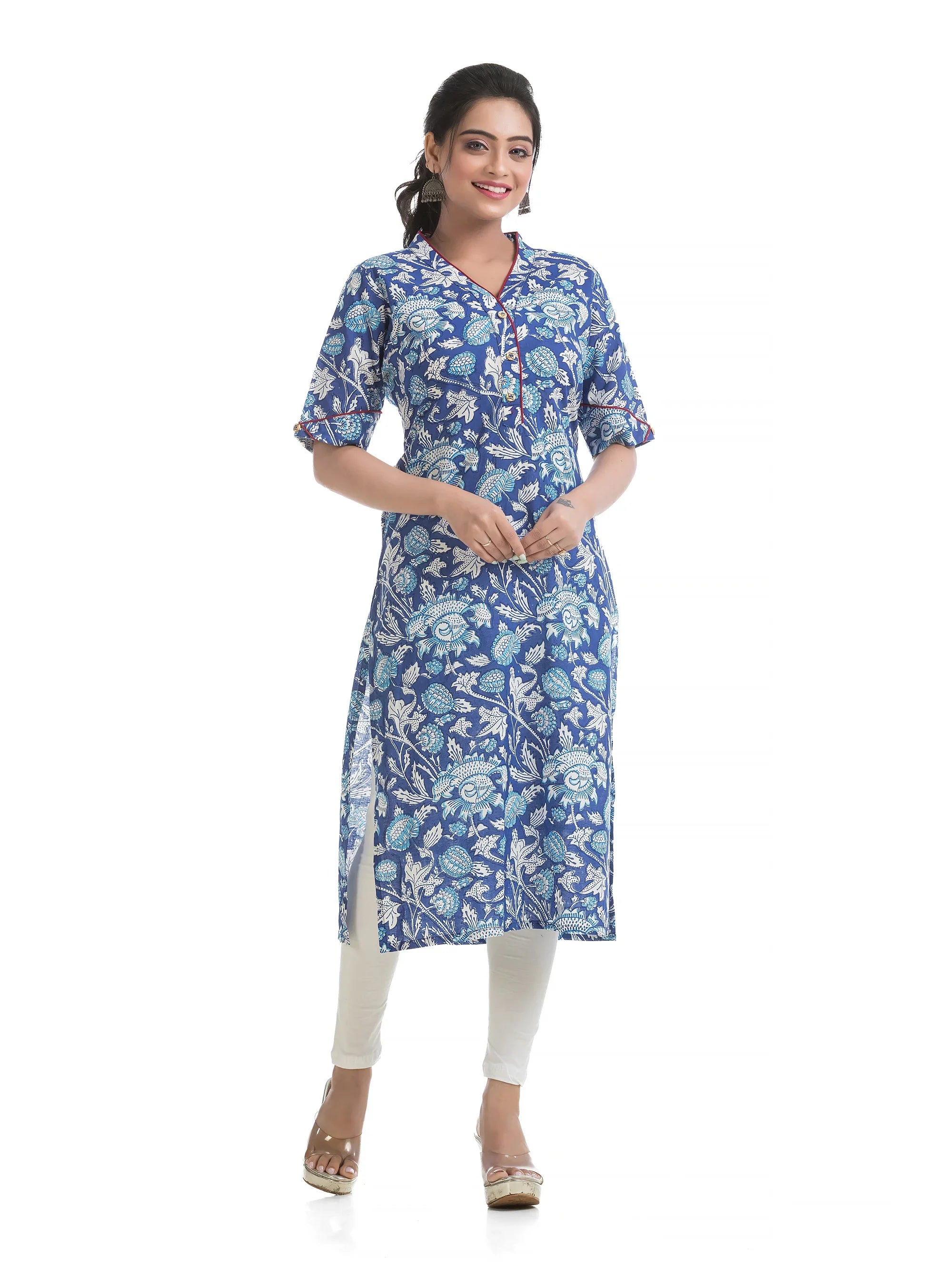 Blue Floral Motif Sanganeri Print V-Neck Kurti