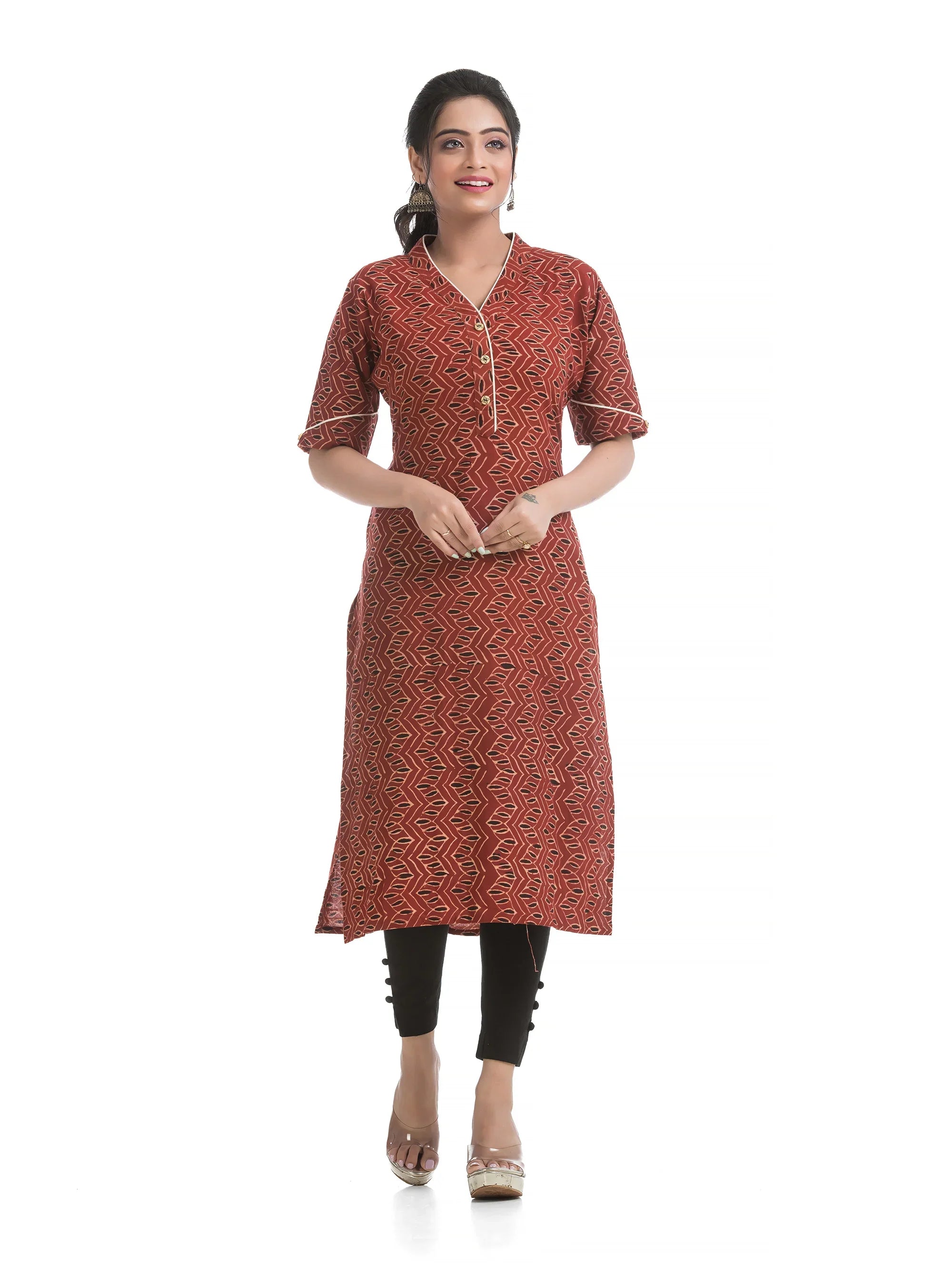 Maroon Geometric Pattern Printed V-Neck Ajrakh Kurti