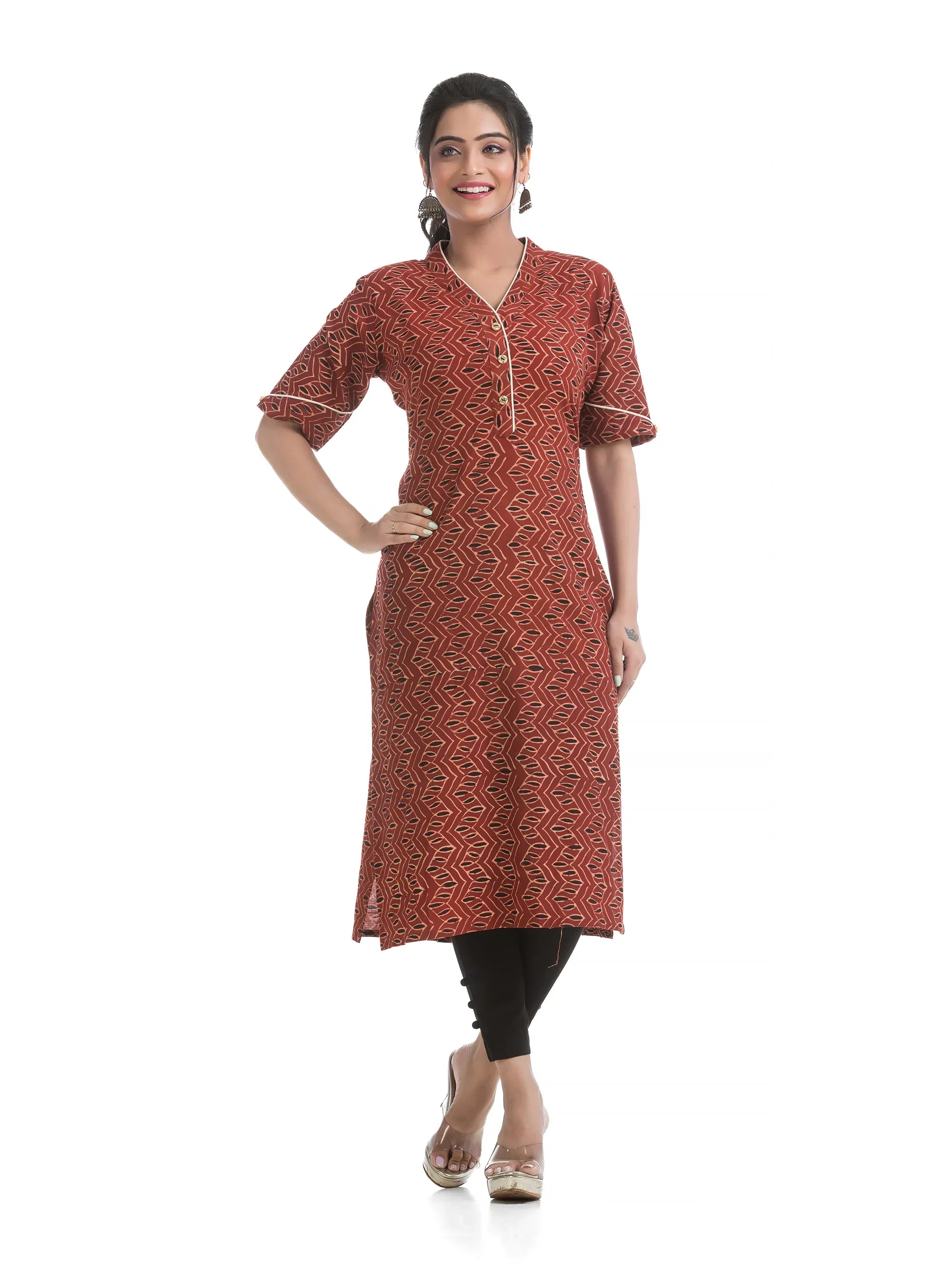 Maroon Geometric Pattern Printed V-Neck Ajrakh Kurti