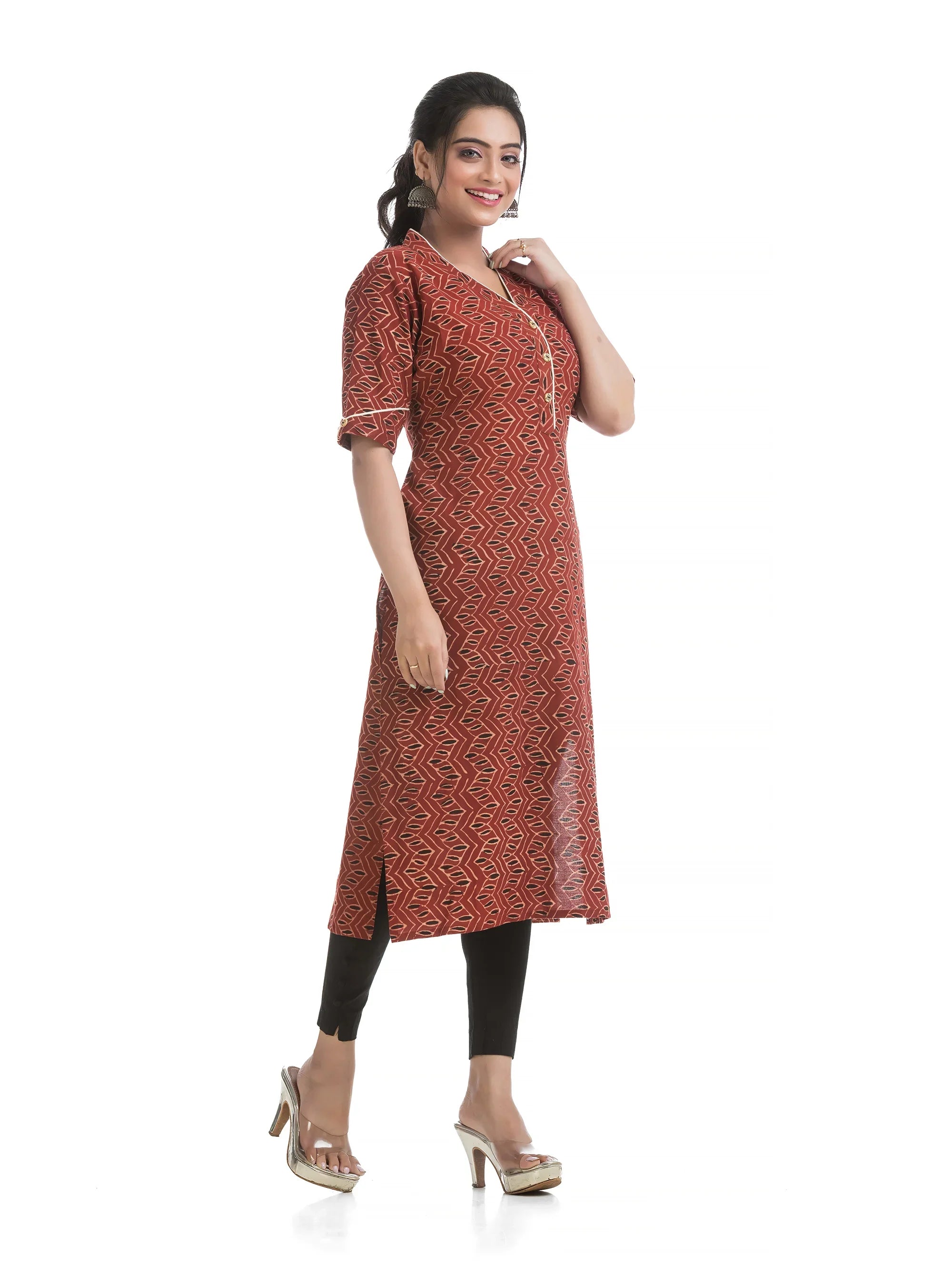 Maroon Geometric Pattern Printed V-Neck Ajrakh Kurti