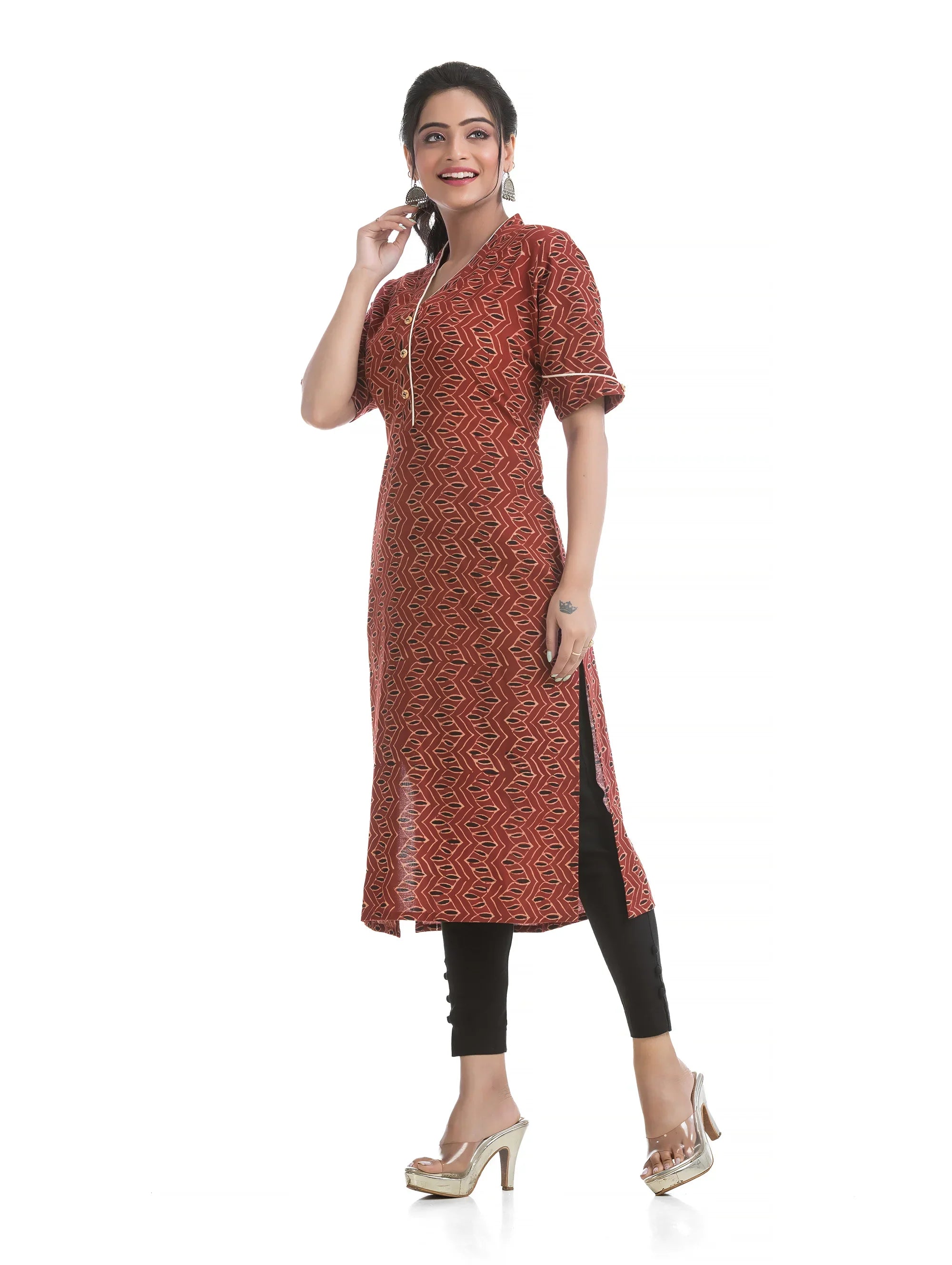 Maroon Geometric Pattern Printed V-Neck Ajrakh Kurti
