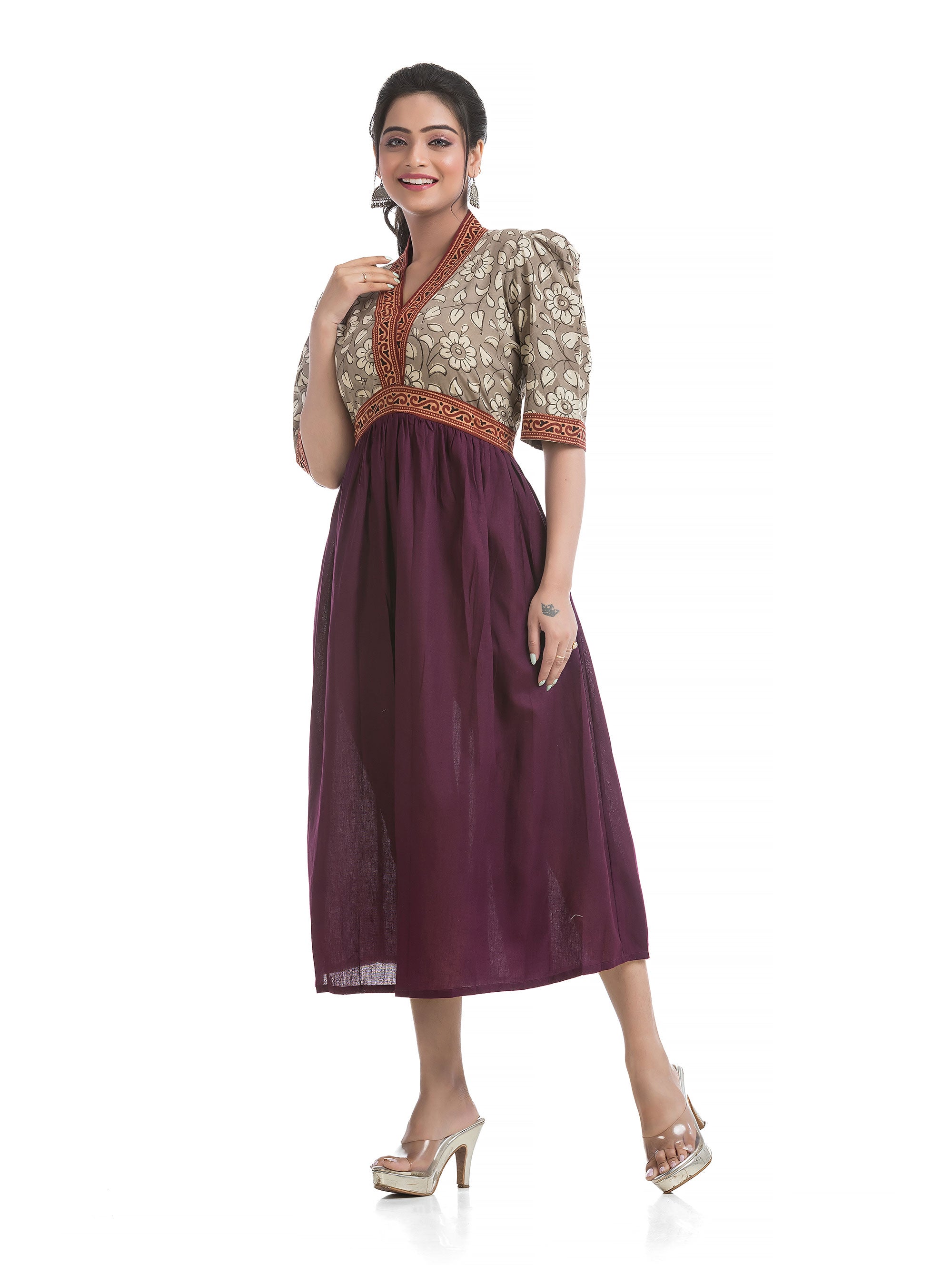 Purple Aliya Cut Dress with Puffed Sleeves