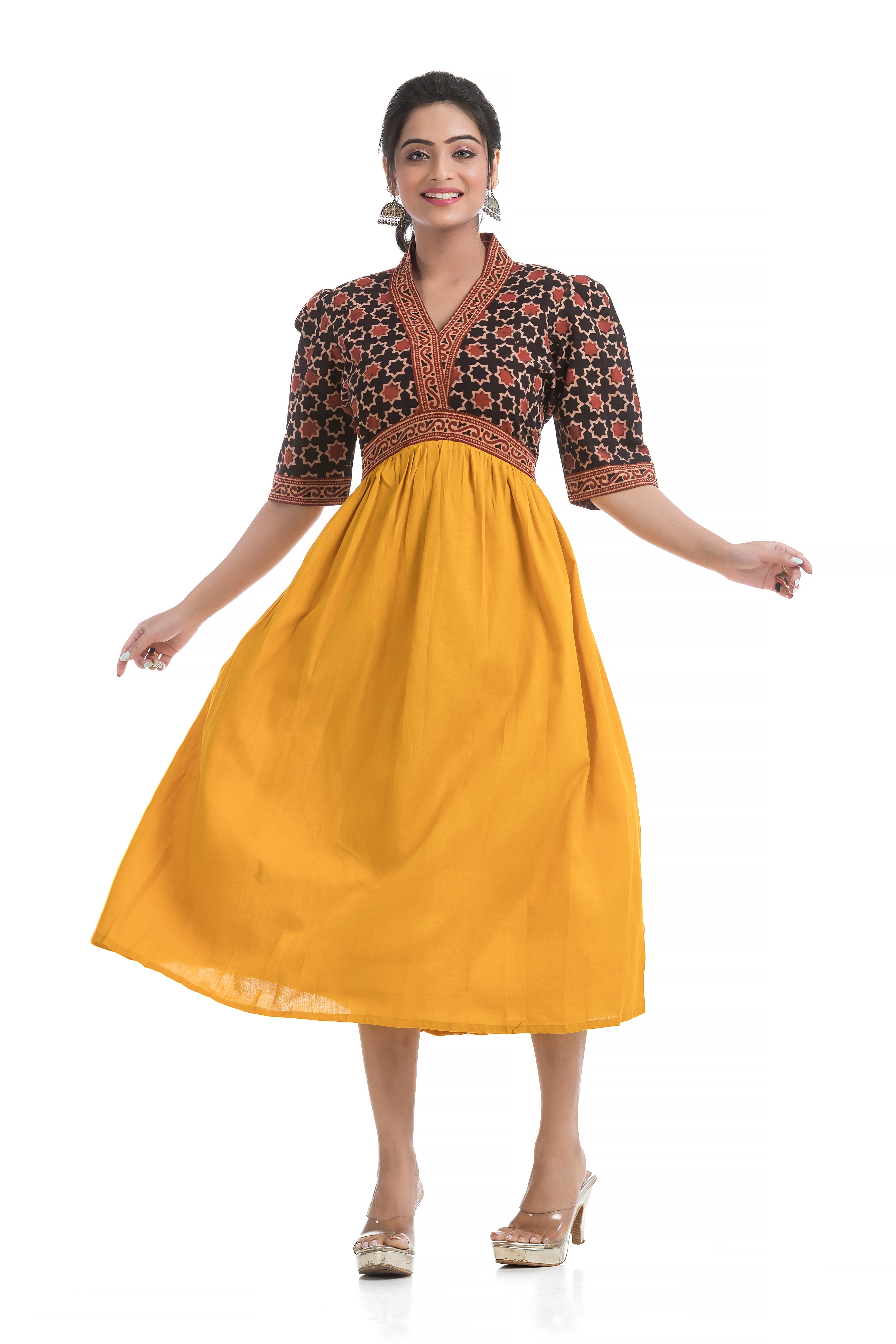 Ajrakh Hand Block Yellow Aliya Dress with Lacework